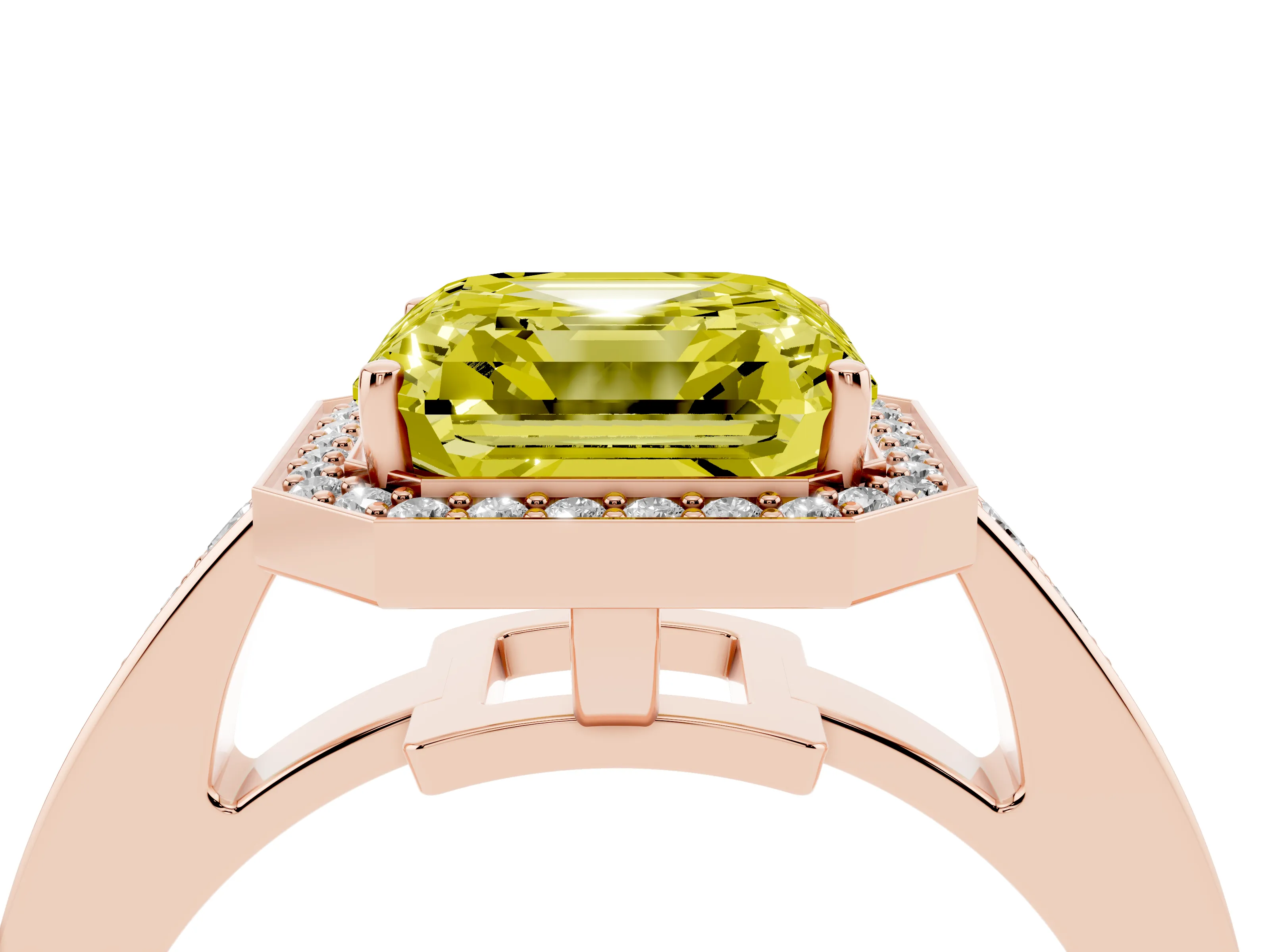 Fancy Yellow Asscher Cut Diamond Halo Pavé Engagement Ring Set in Rose gold with Bezel Setting