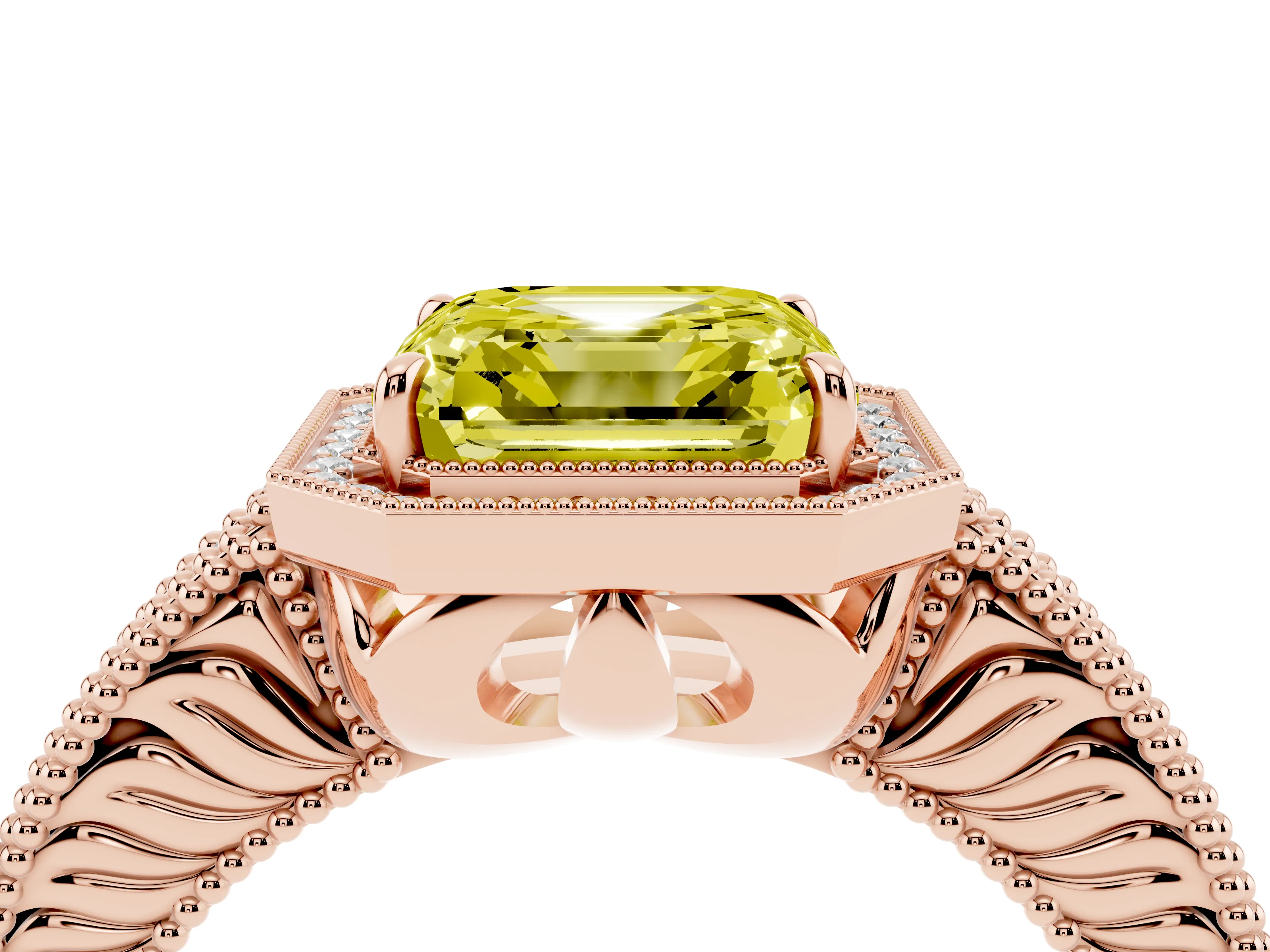 Fancy Yellow Asscher Cut Diamond Halo Ring Set in Rose gold with Round Accent Halo, Pavé Band and Prong Setting