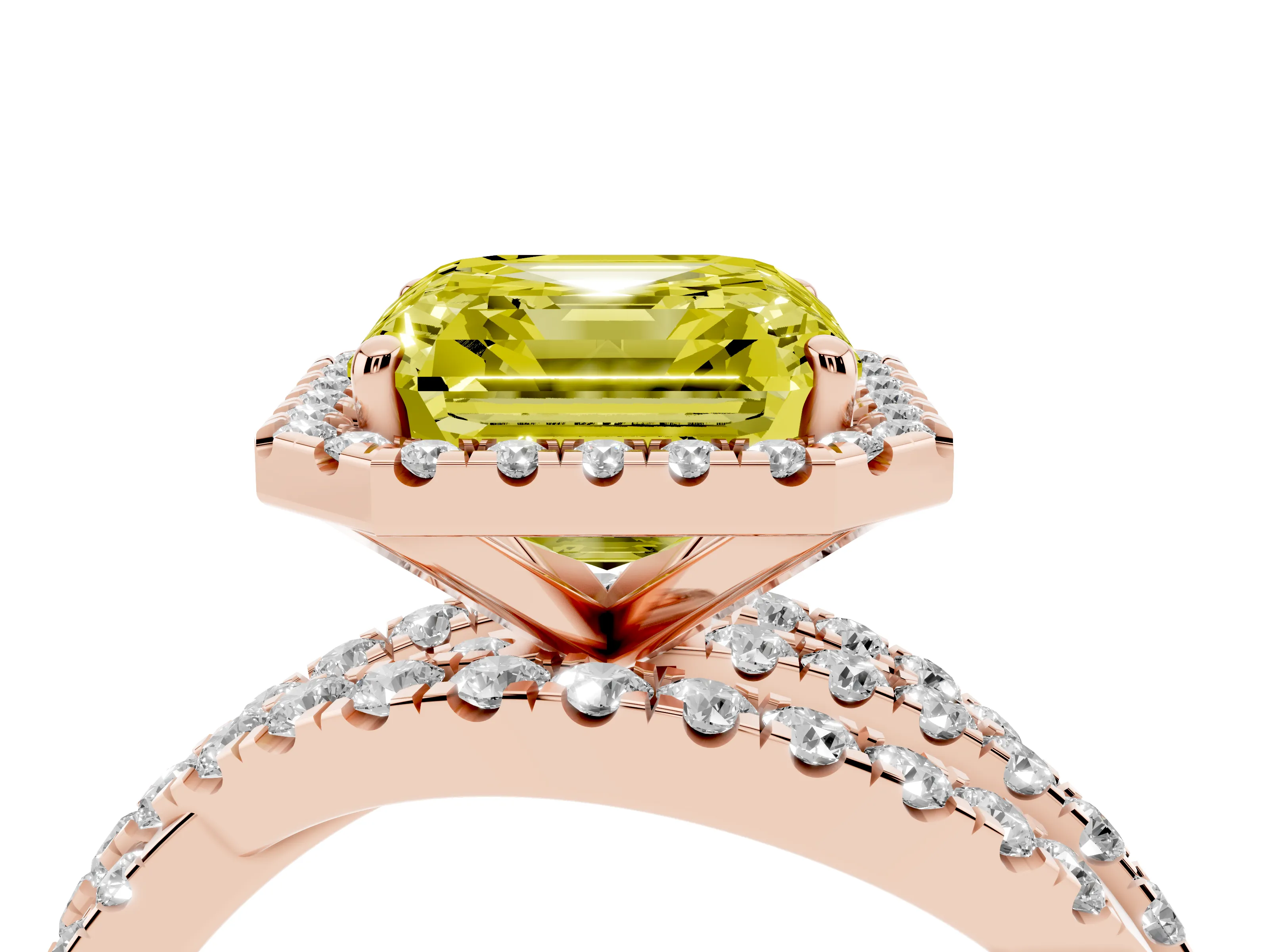 Fancy Yellow Asscher Cut Diamond Halo Ring Set in Rose gold with Round Crossover Split Shank and Prong Setting