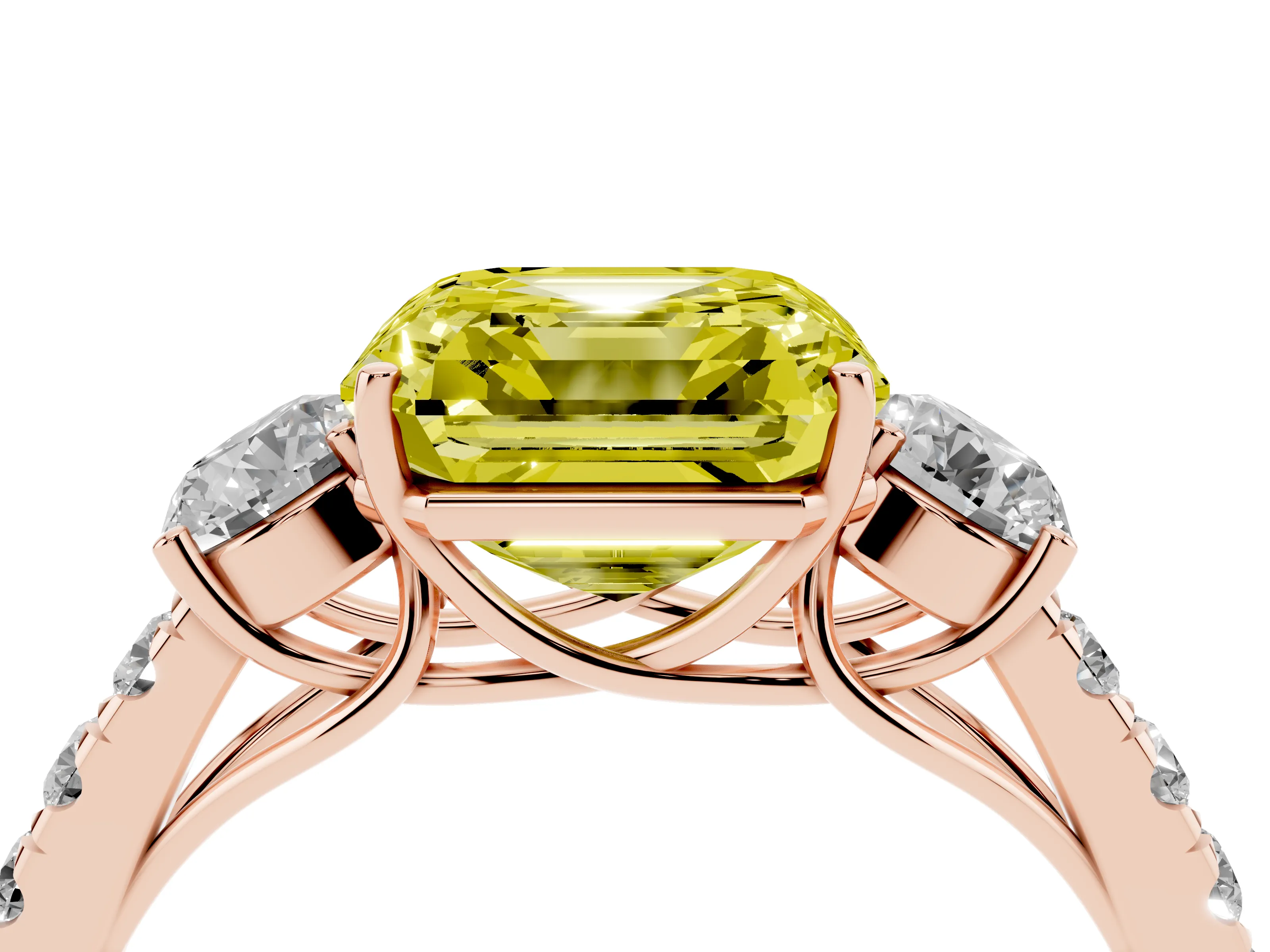 Fancy Yellow Asscher Cut Diamond Three-Stone Ring Set in Rose gold with Round Side Stones and Delicate Pavé Band