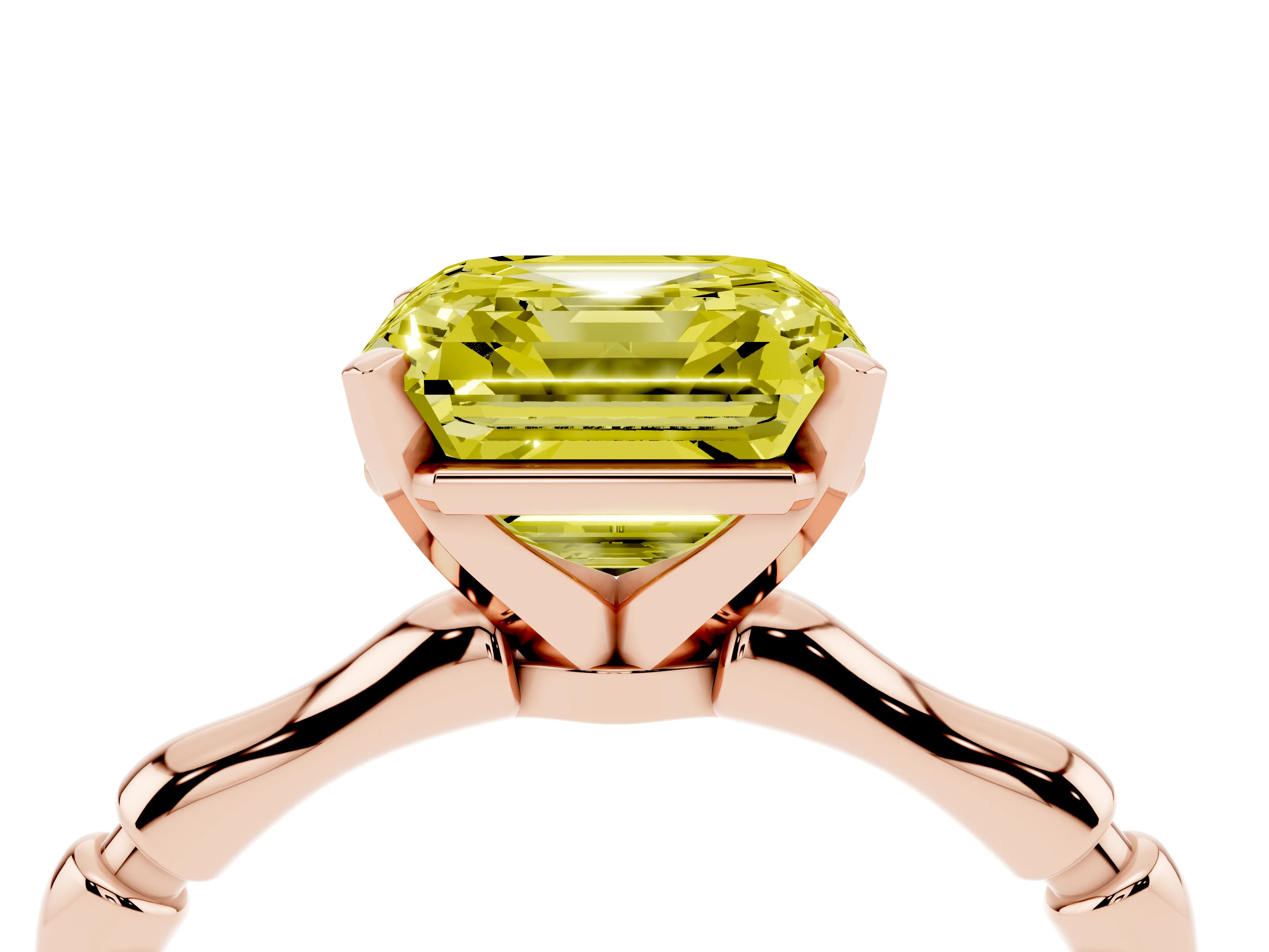 Fancy Yellow Asscher Cut Diamond Solitaire Ring Set in Rose gold with Bamboo Band and Prong Setting