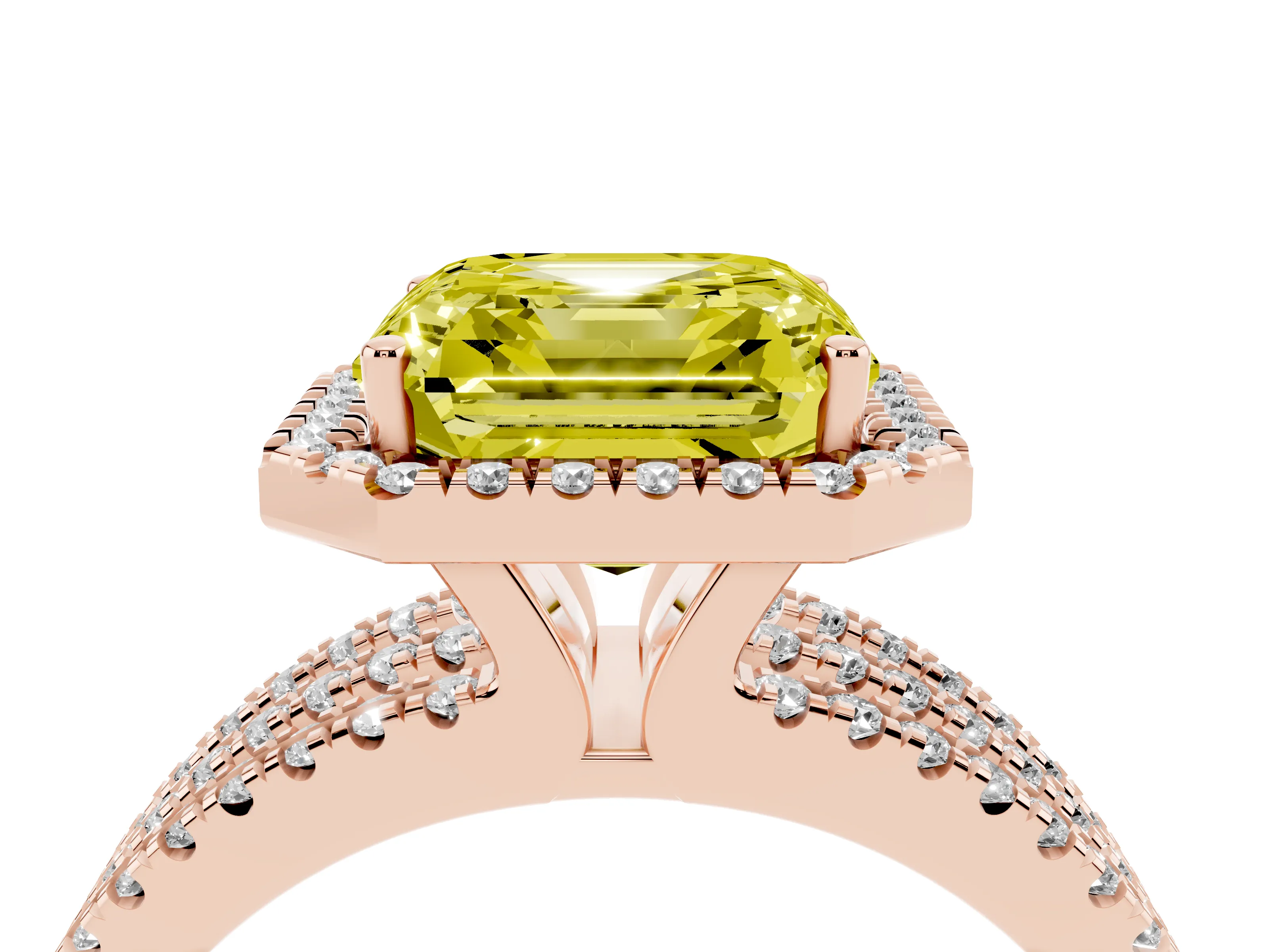 Fancy Yellow Asscher Cut Diamond Halo Split Shank Engagement Ring Set in Rose gold with Prong Setting