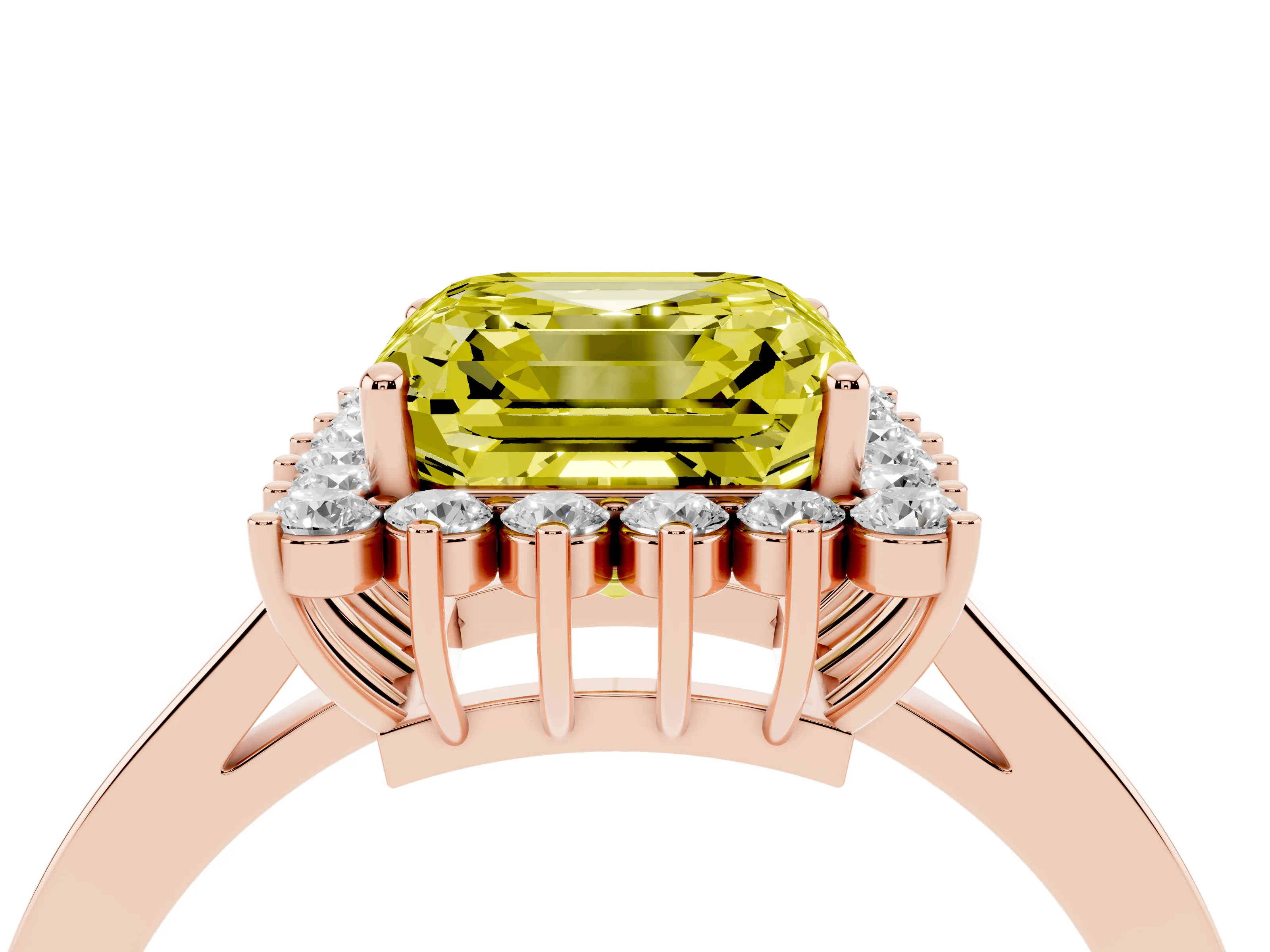 Fancy Yellow Asscher Cut Diamond Halo Ring Set in Rose gold with Round Halo and Smooth Solitaire Band