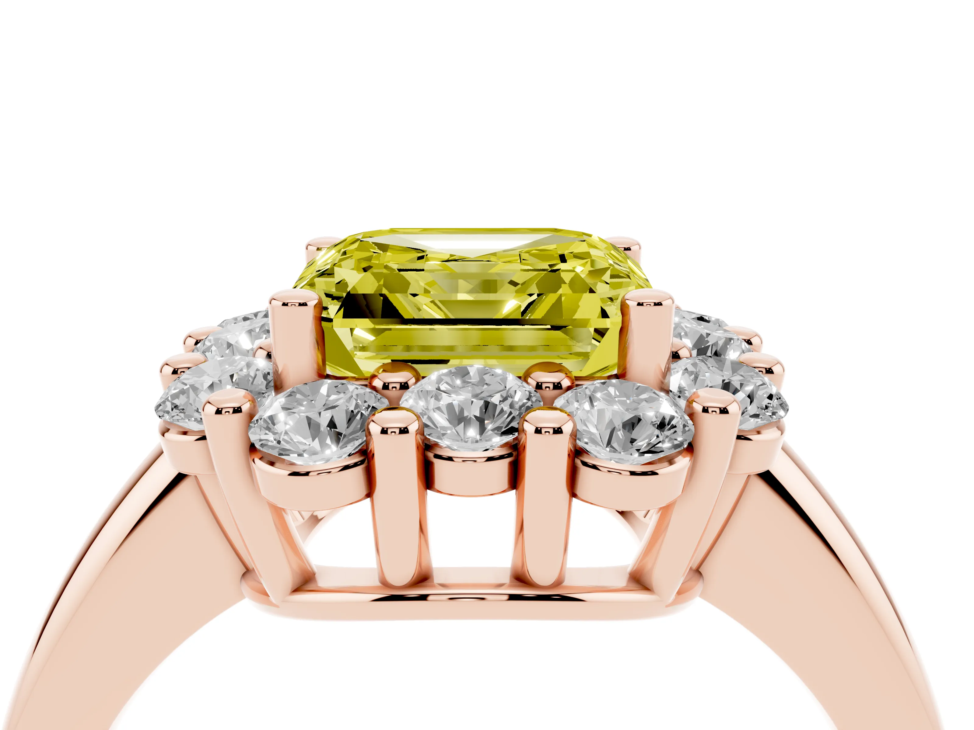 Fancy Yellow Asscher Cut Diamond Halo Cluster Engagement Ring Set in Rose gold with Polished Band and Prong Setting