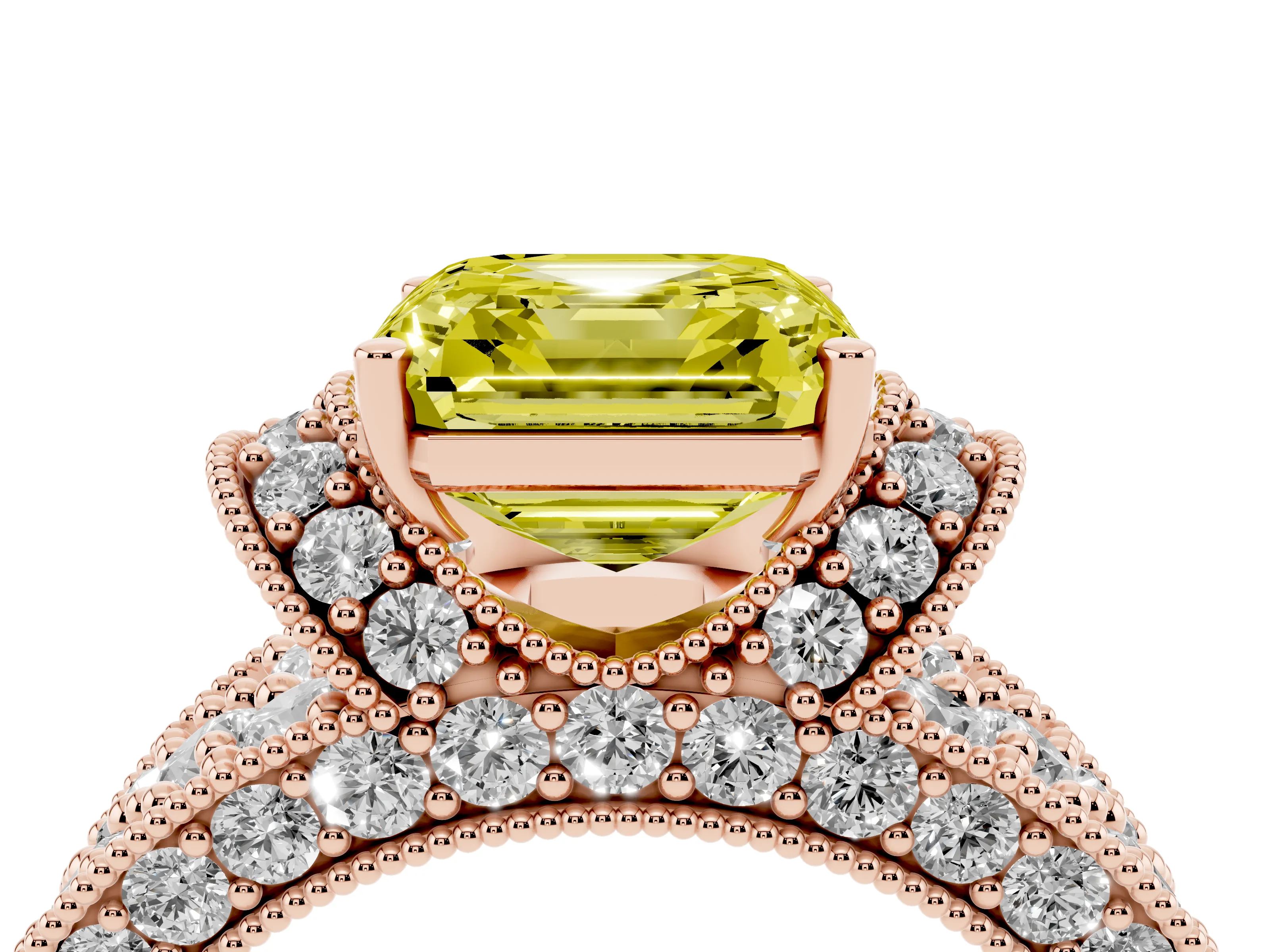 Fancy Yellow Asscher Cut Diamond Milgrain Halo Pavé Engagement Ring Set in Rose gold with Prong Setting
