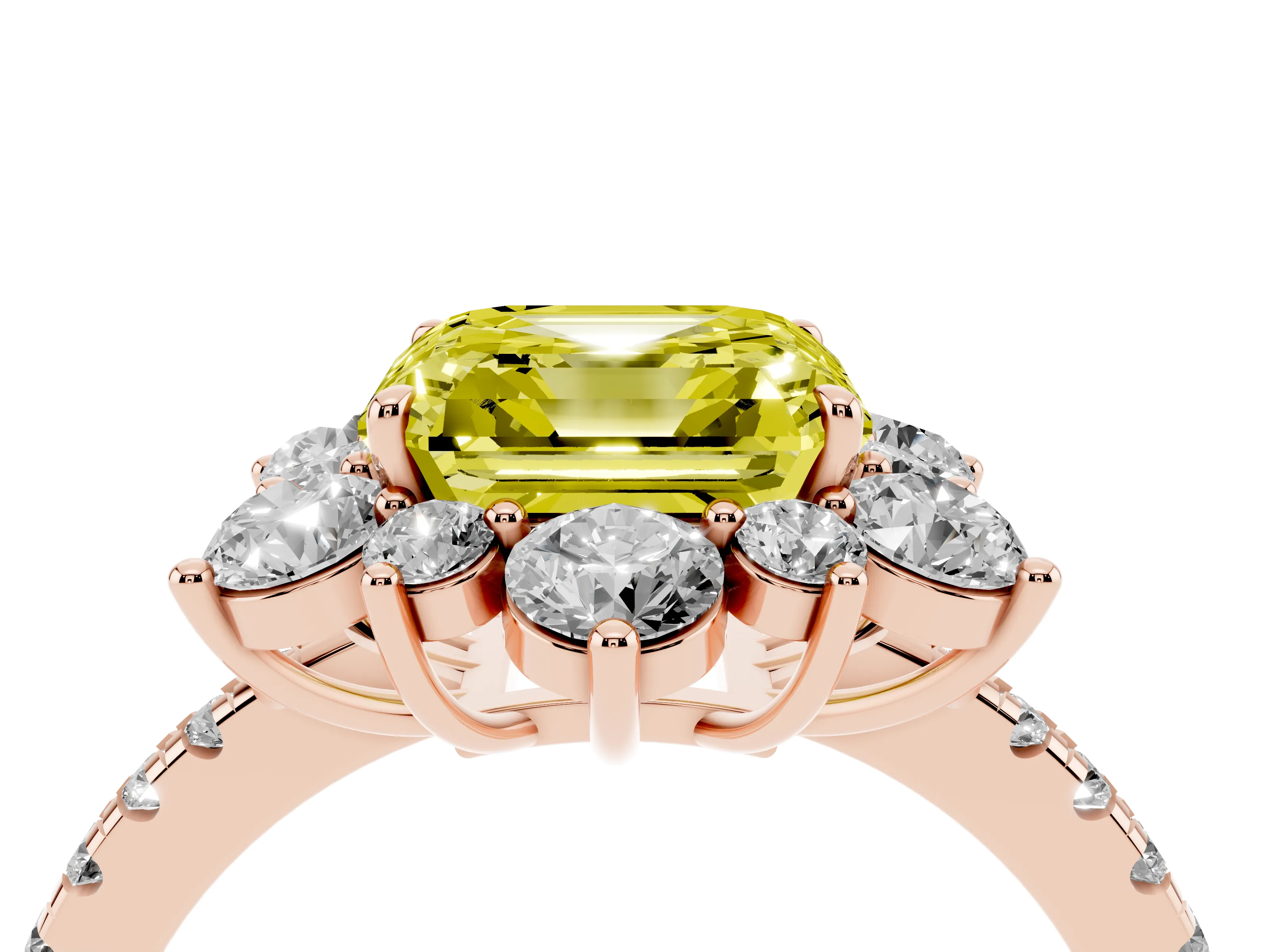 Fancy Yellow Asscher Cut Diamond Floral Halo Ring Set in Rose gold with Round Pavé Band and Prong Setting