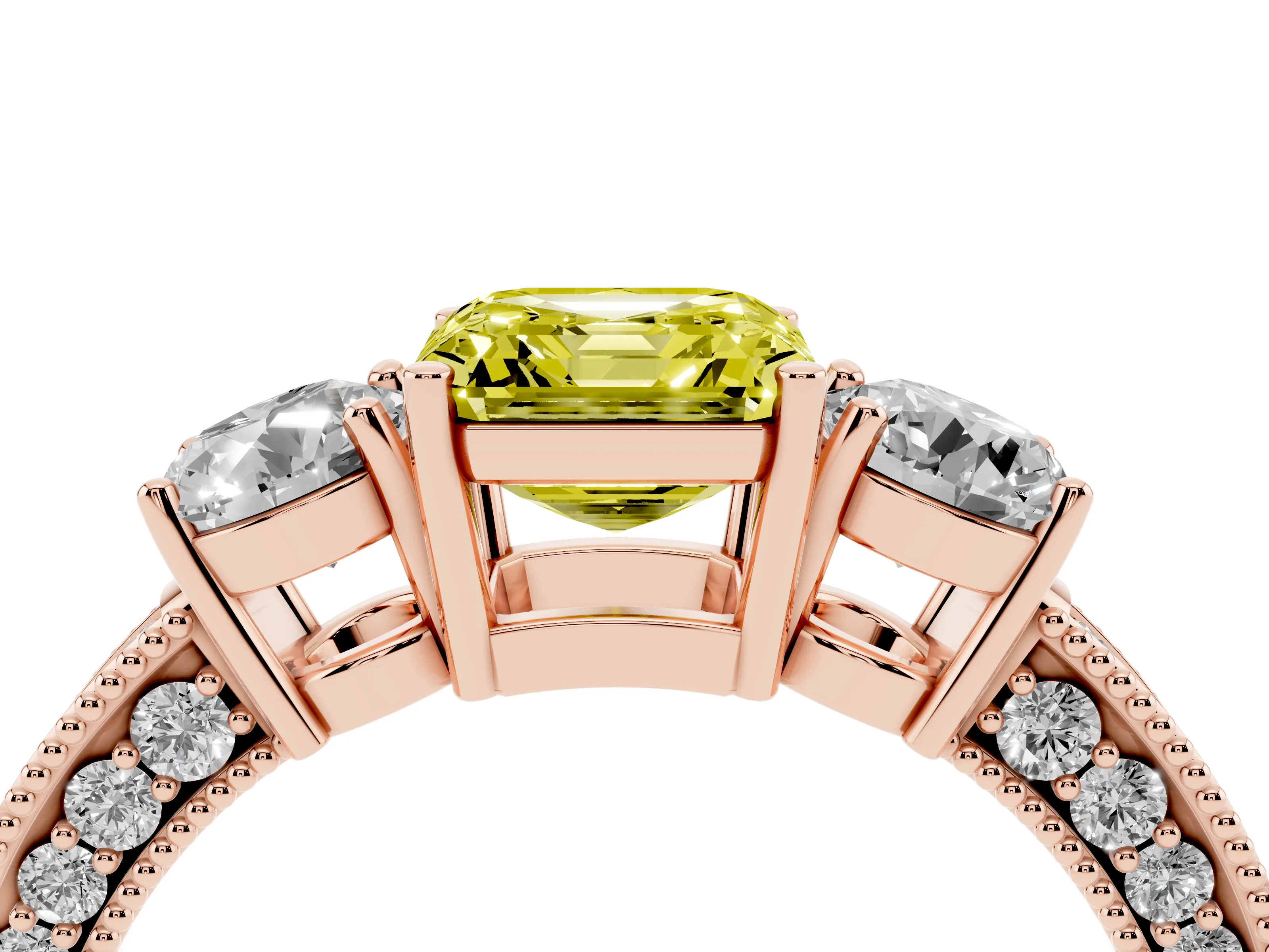 Fancy Yellow Asscher Cut Diamond Three-Stone Ring Set in Rose gold with Round Side Stones and Pavé Band