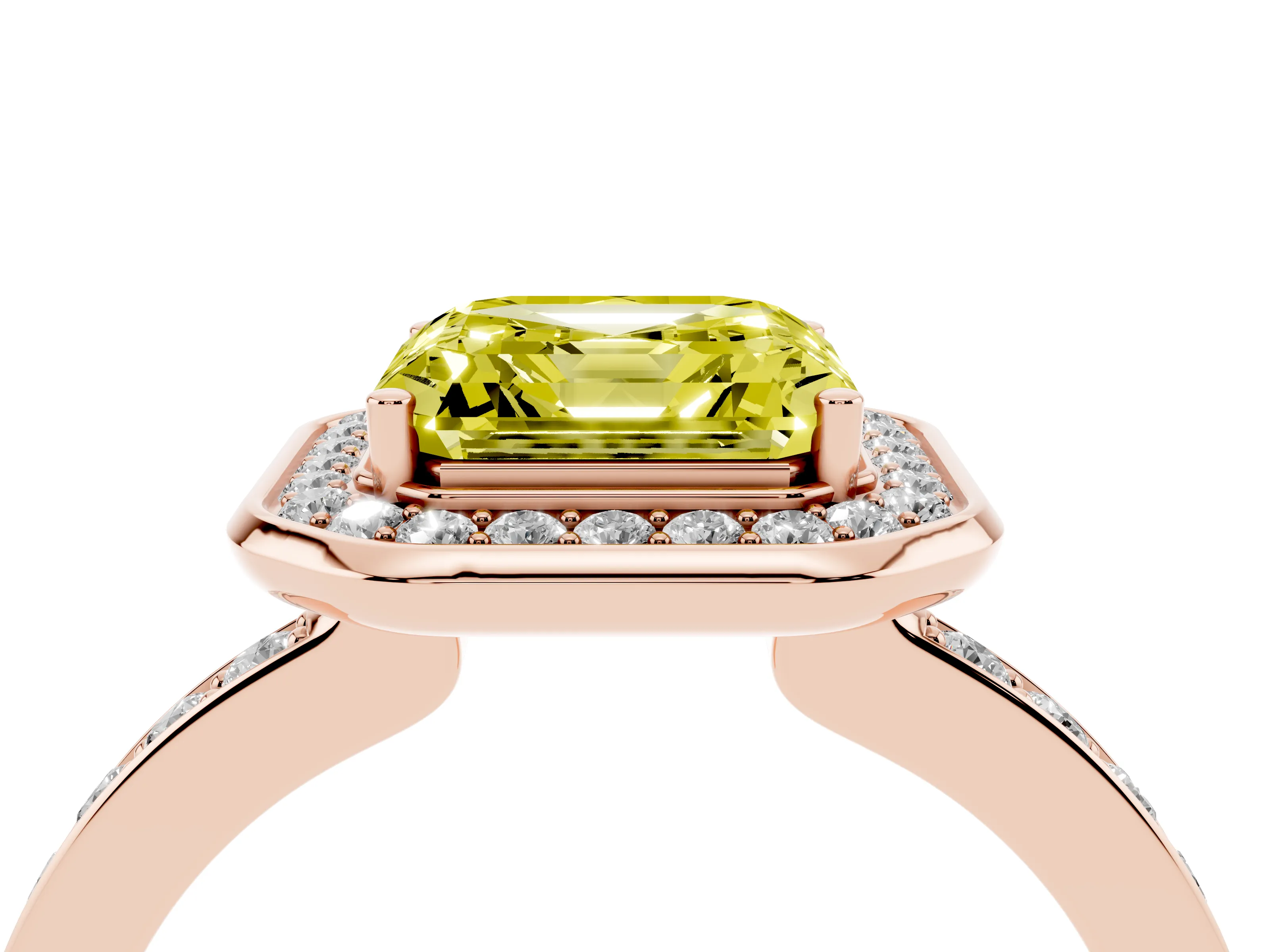 Fancy Yellow Asscher Cut Diamond Halo Ring Set in Rose gold with Bezel Frame and Pavé Band