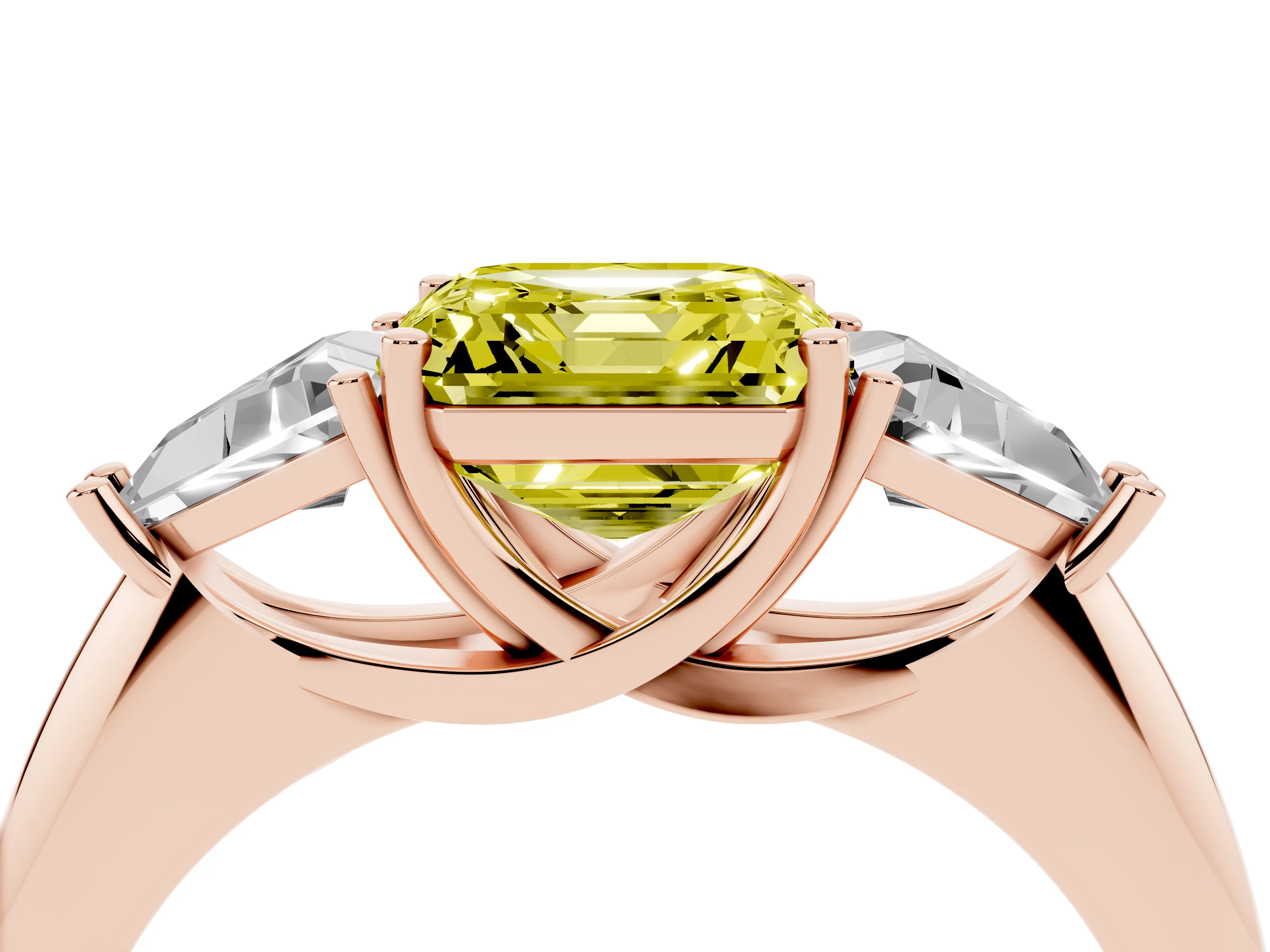 Fancy Yellow Asscher Cut Diamond Three-Stone Engagement Ring Set in Rose gold with Trillion Side Stones