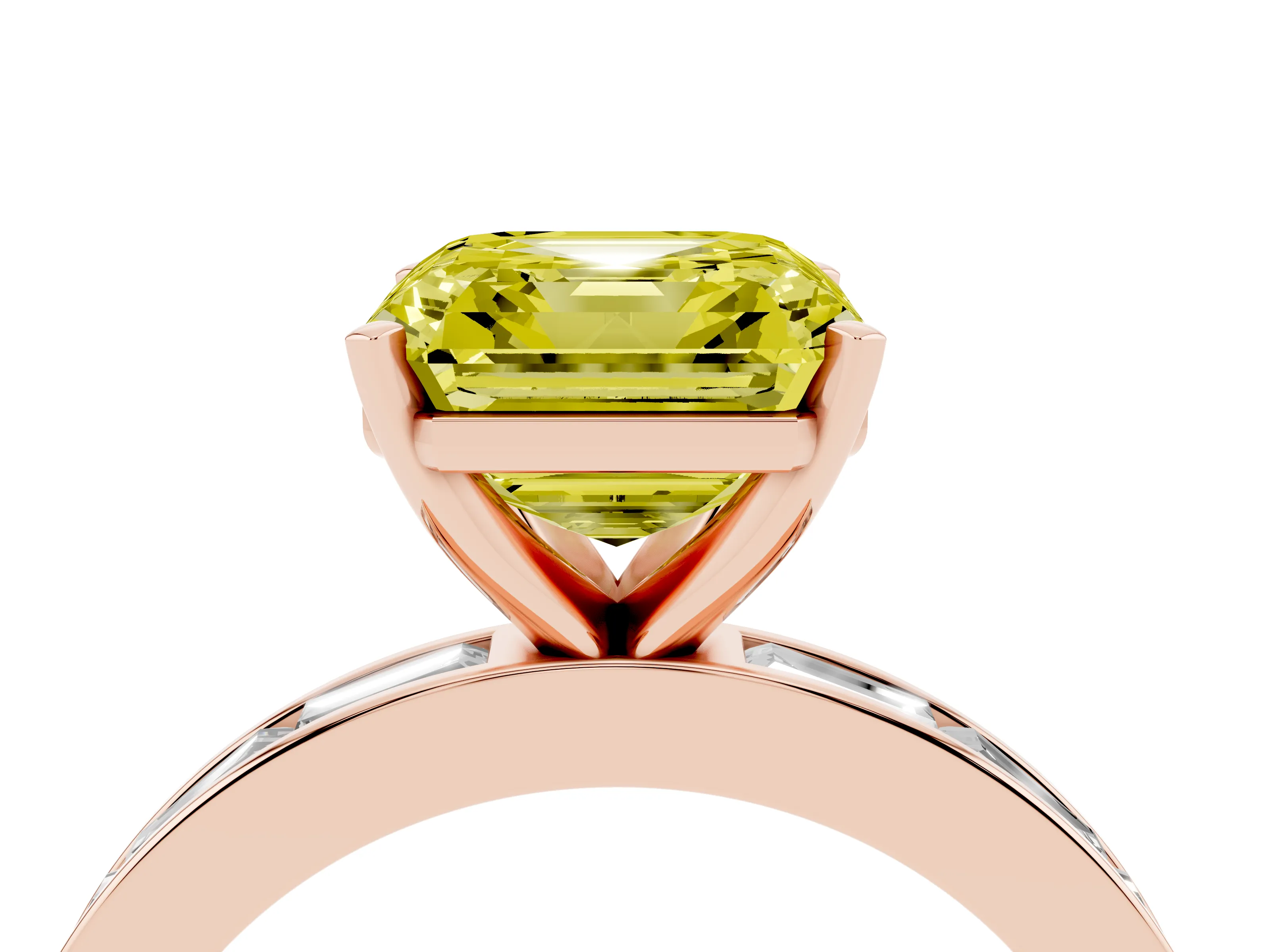 Fancy Yellow Asscher Cut Diamond Solitaire Ring Set in Rose gold with Channel-Set Baguette Band and Prong Setting