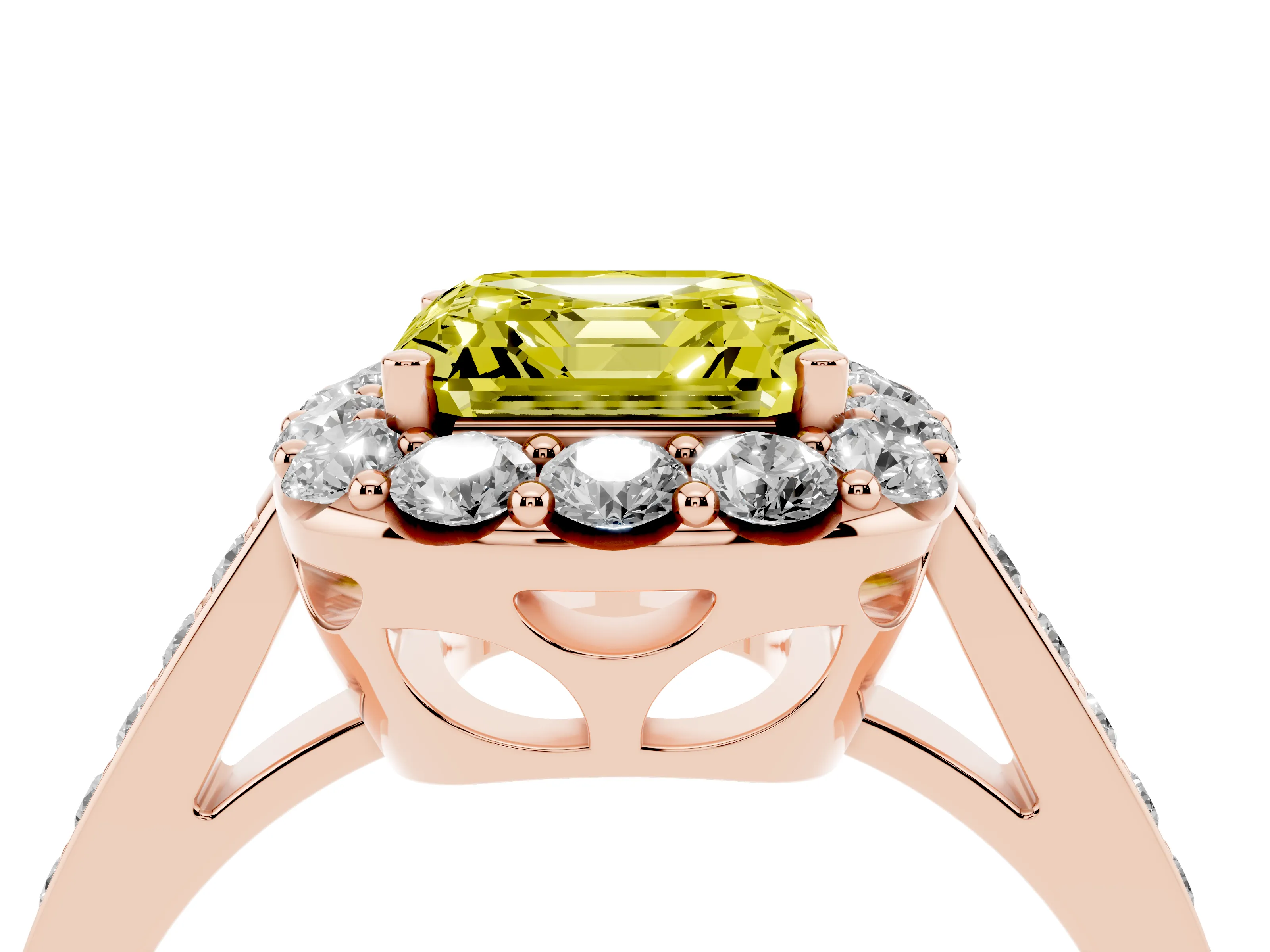 Fancy Yellow Asscher Cut Diamond Floral Halo Ring Set in Rose gold with Pavé Band and Prong Setting
