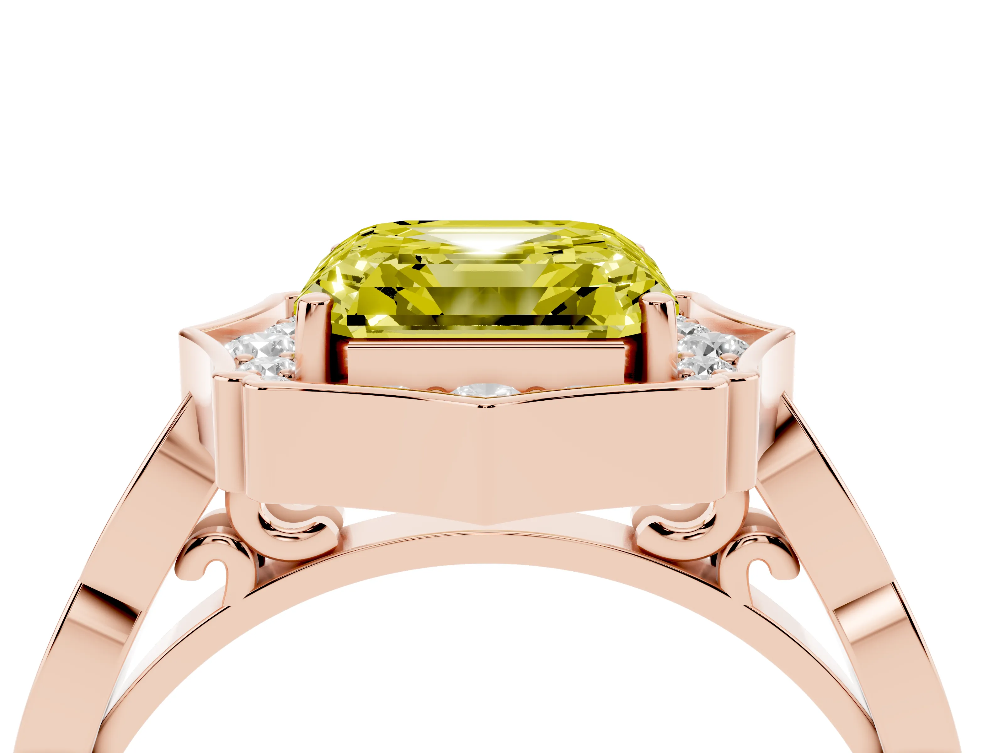 Fancy Yellow Asscher Cut Diamond Halo Engagement Ring Set in Rose gold with Milgrain Band and Prong Setting