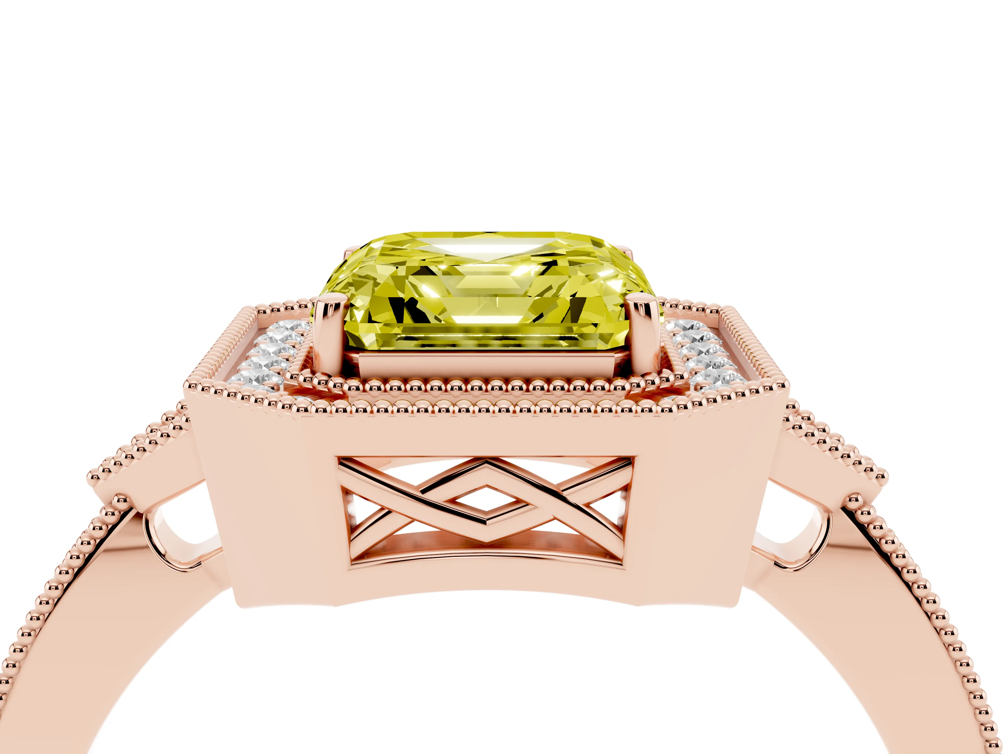 Fancy Yellow Asscher Cut Diamond Halo Engagement Ring Set in Rose gold with Milgrain Pavé Band