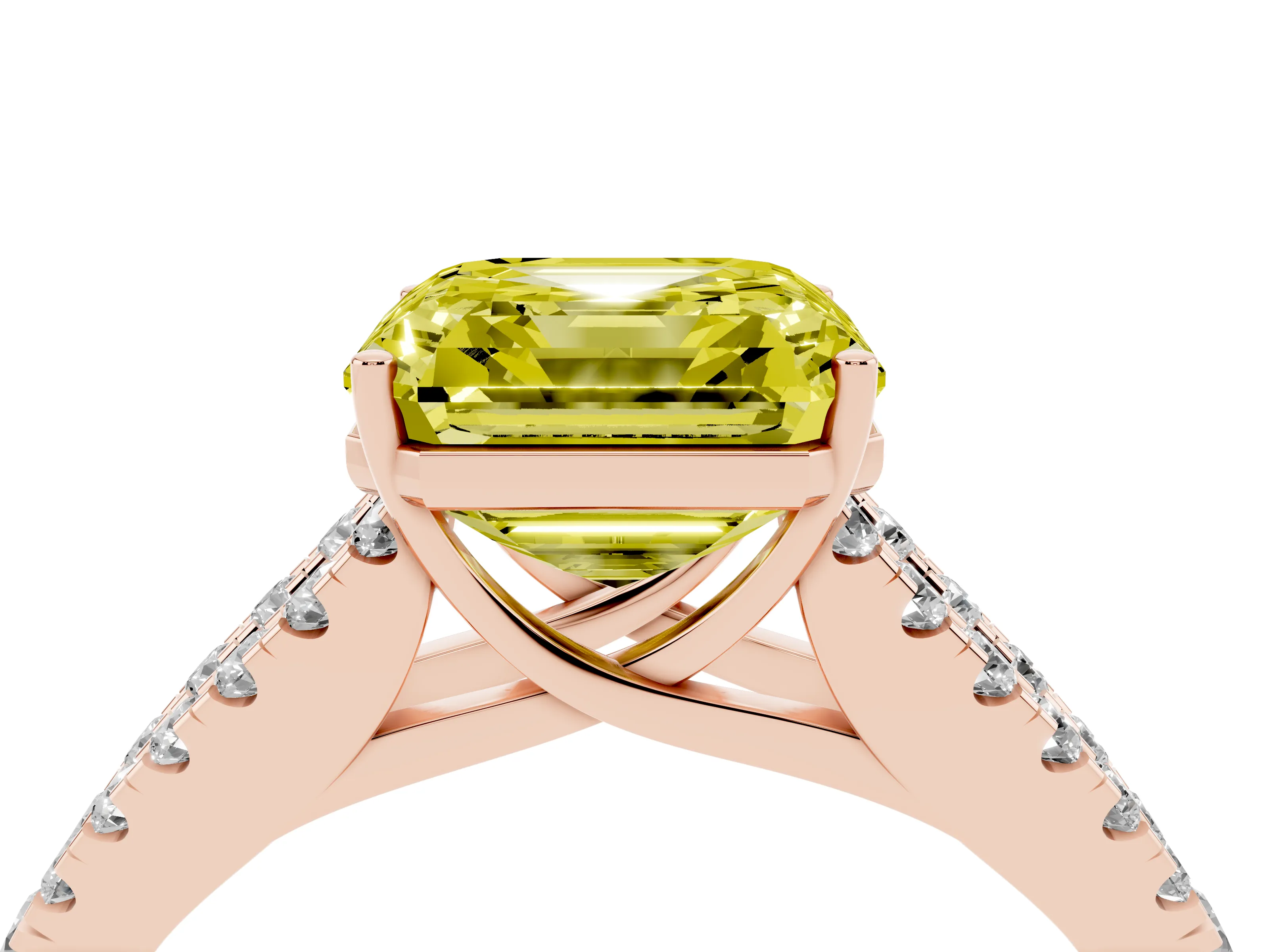 Fancy Yellow Asscher Cut Diamond Split Shank Engagement Ring Set in Rose gold with Round Pavé and Prong Setting