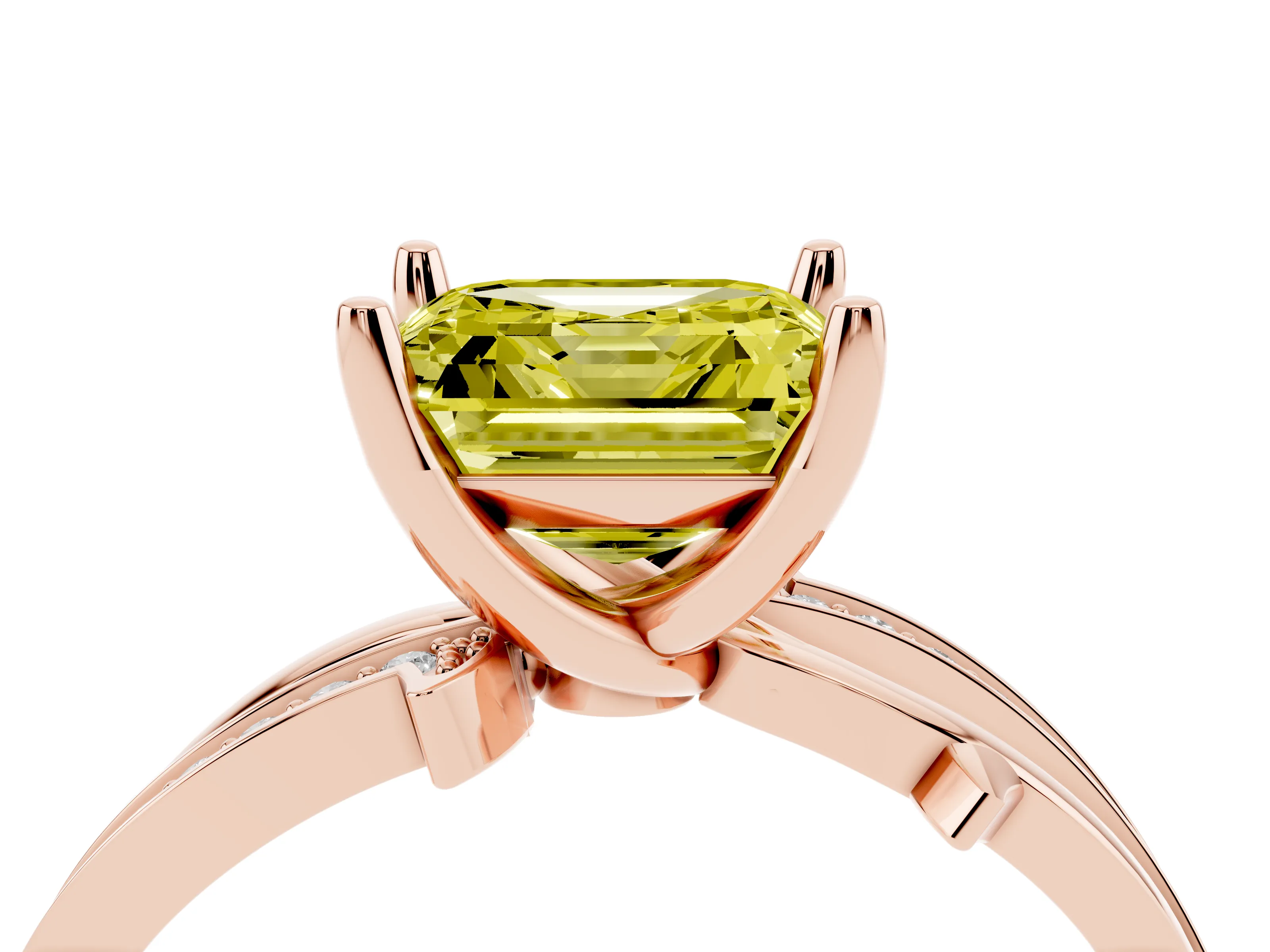 Fancy Yellow Asscher Cut Diamond Pavé Twist Band Solitaire Ring Set in Rose gold with Prong Setting