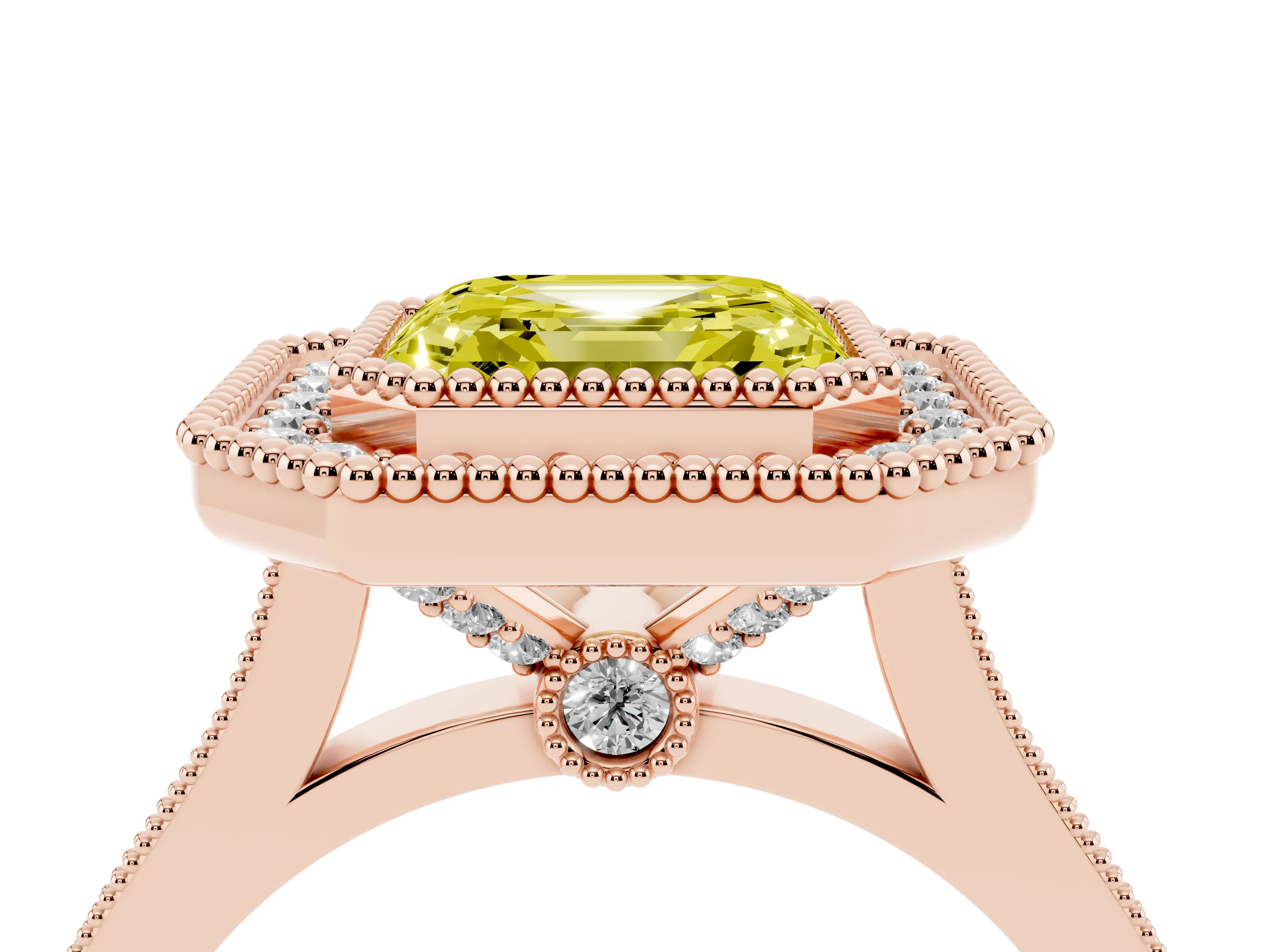 Fancy Yellow Asscher Cut Diamond Halo Ring Set in Rose gold with Milgrain Frame and Pavé Band