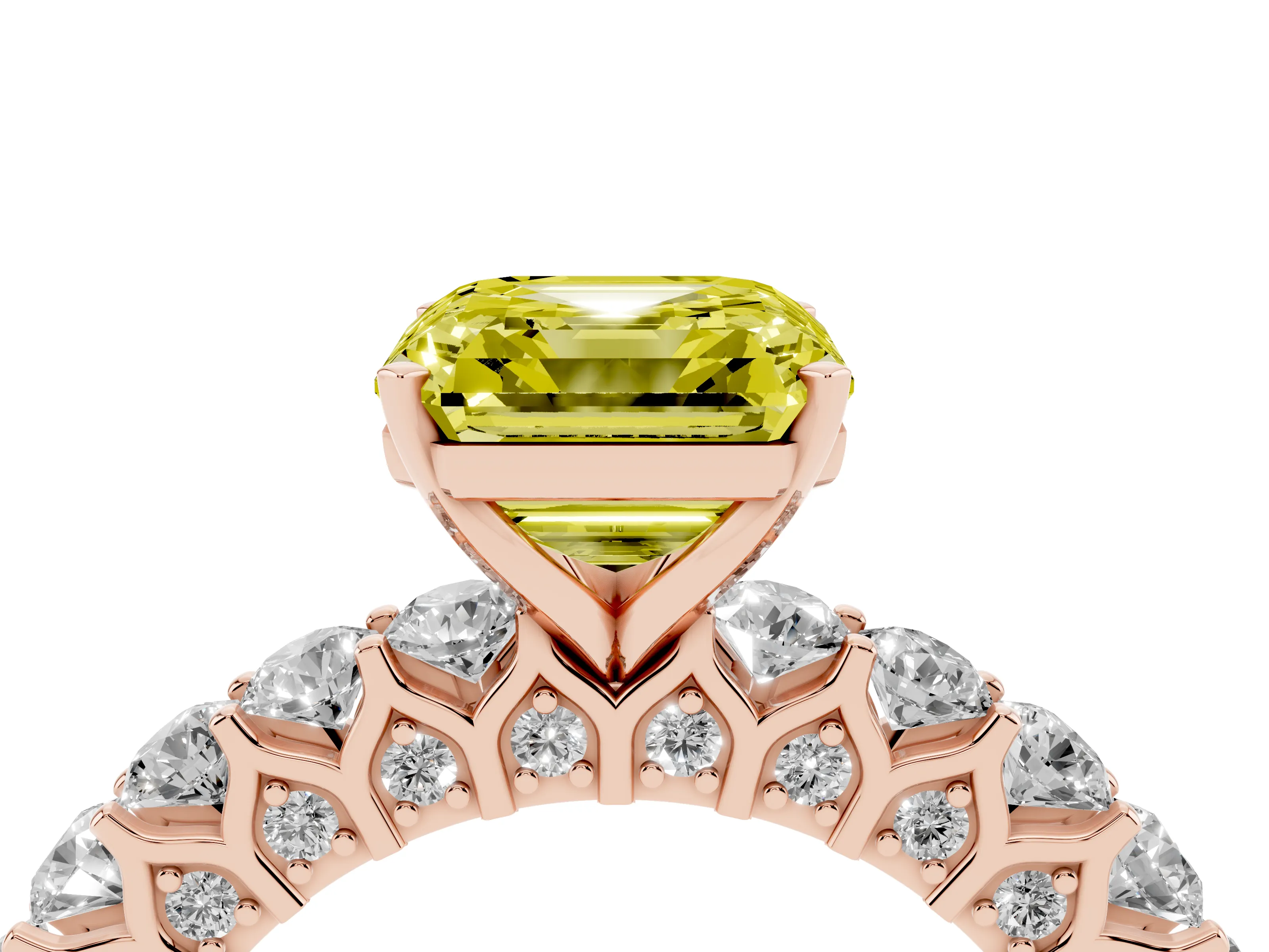 Fancy Yellow Asscher Cut Diamond Solitaire Ring Set in Rose gold with Shared Prong Pavé Band