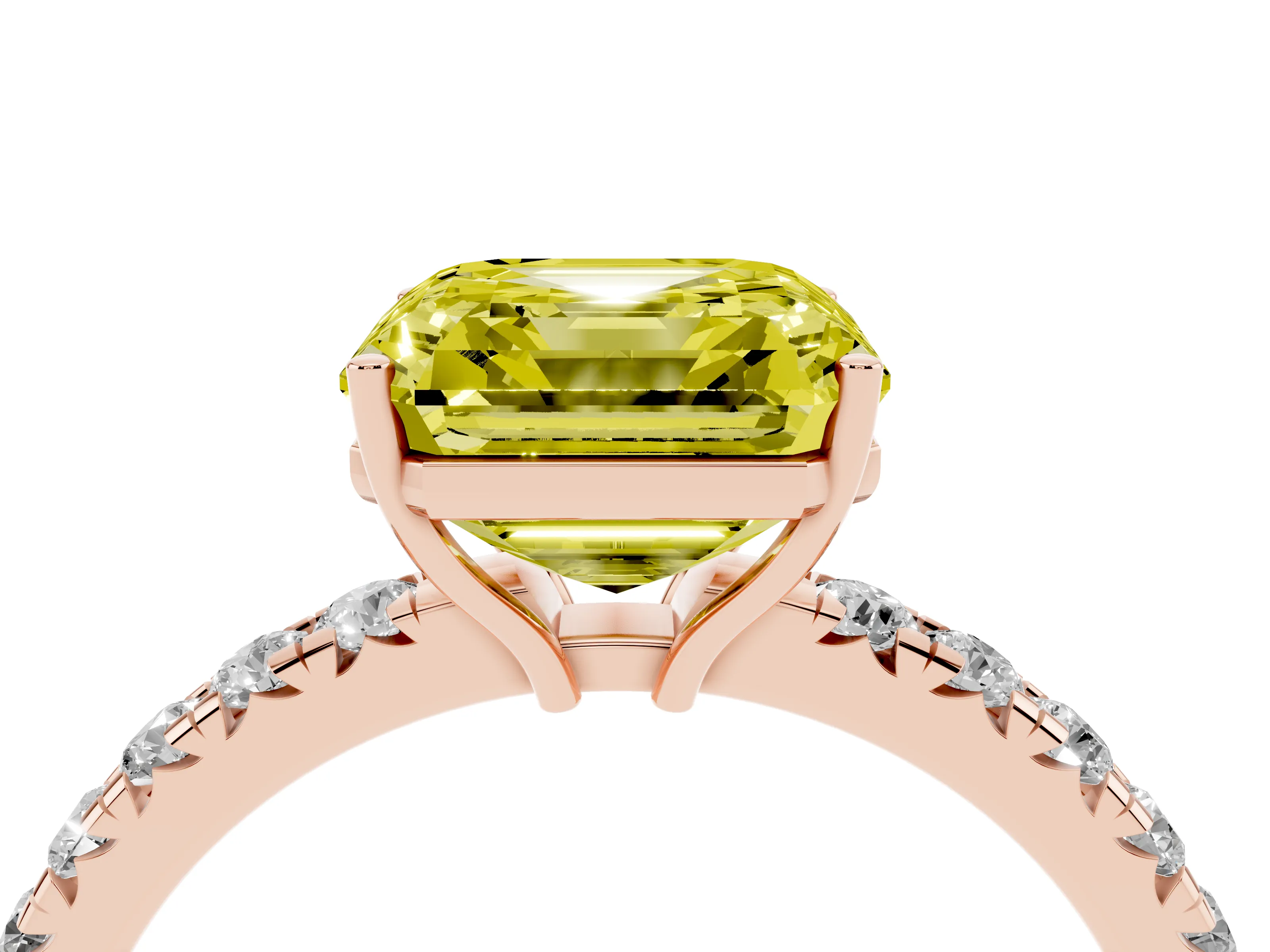 Fancy Yellow Asscher Cut Diamond Pavé Solitaire Engagement Ring Set in Rose gold with Prong Setting
