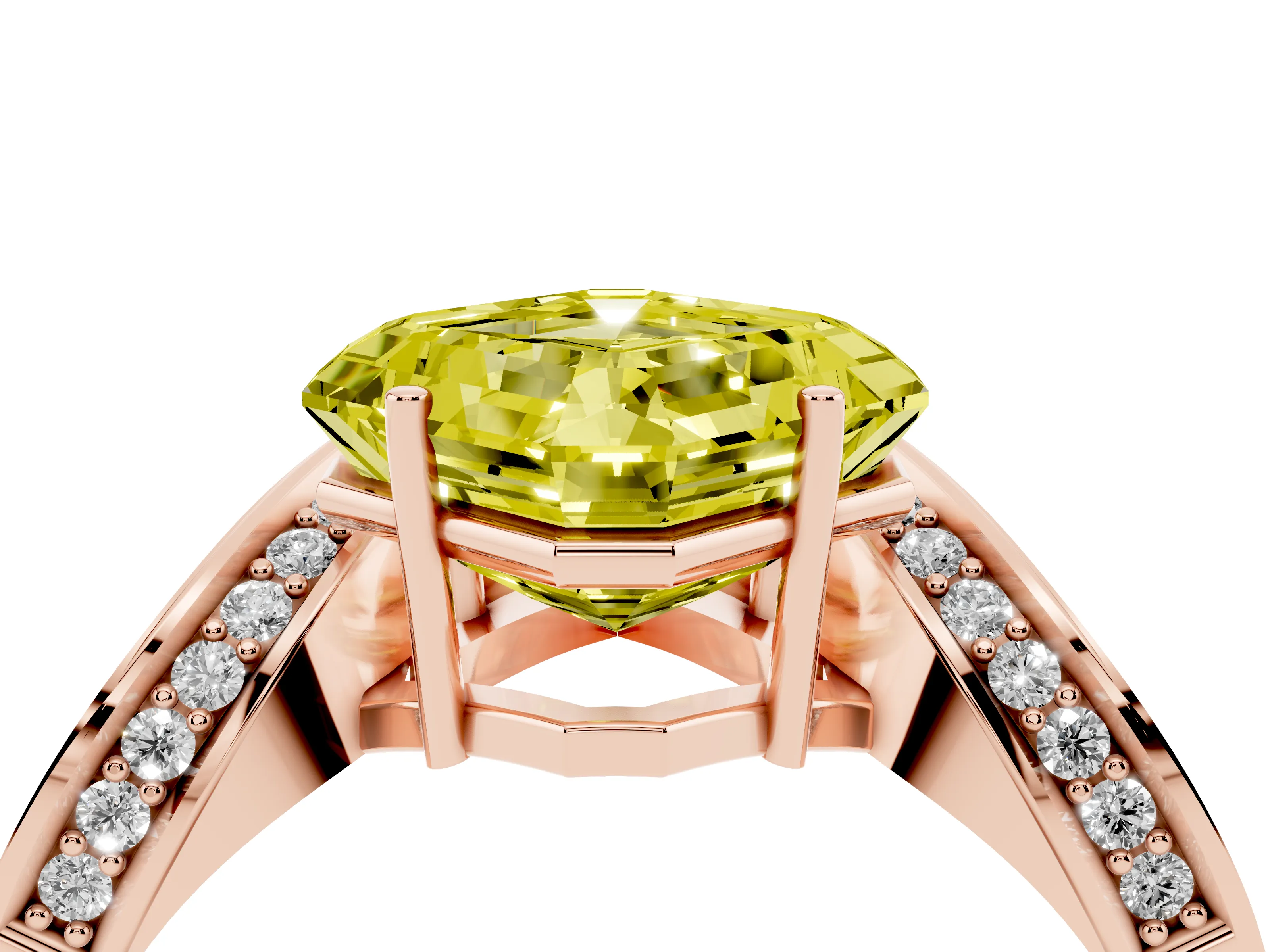 Fancy Yellow Asscher Cut Diamond Solitaire Engagement Ring Set in Rose gold with Pavé Shoulders