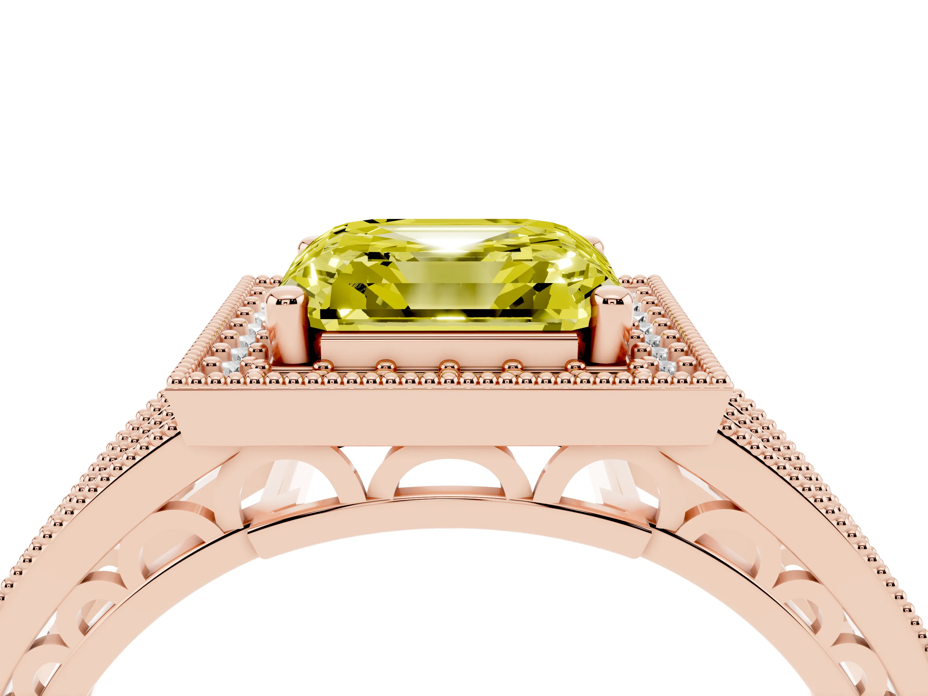 Fancy Yellow Asscher Cut Diamond Halo Ring Set in Rose gold with Accent Split Shank and Prong Setting