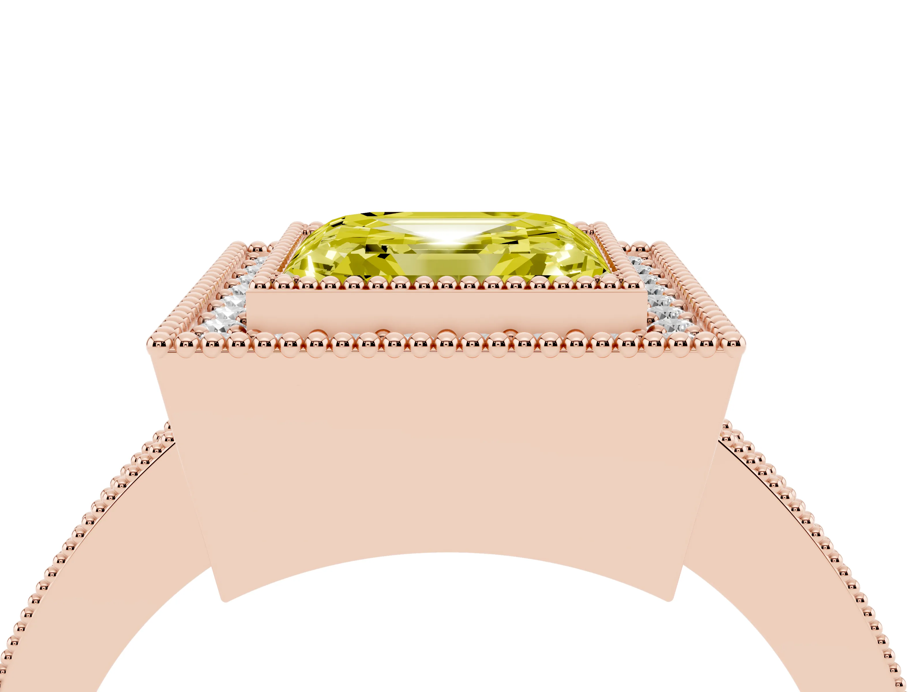 Fancy Yellow Asscher Cut Diamond Halo Engagement Ring Set in Rose gold with Pavé Band and Round Halo Stones