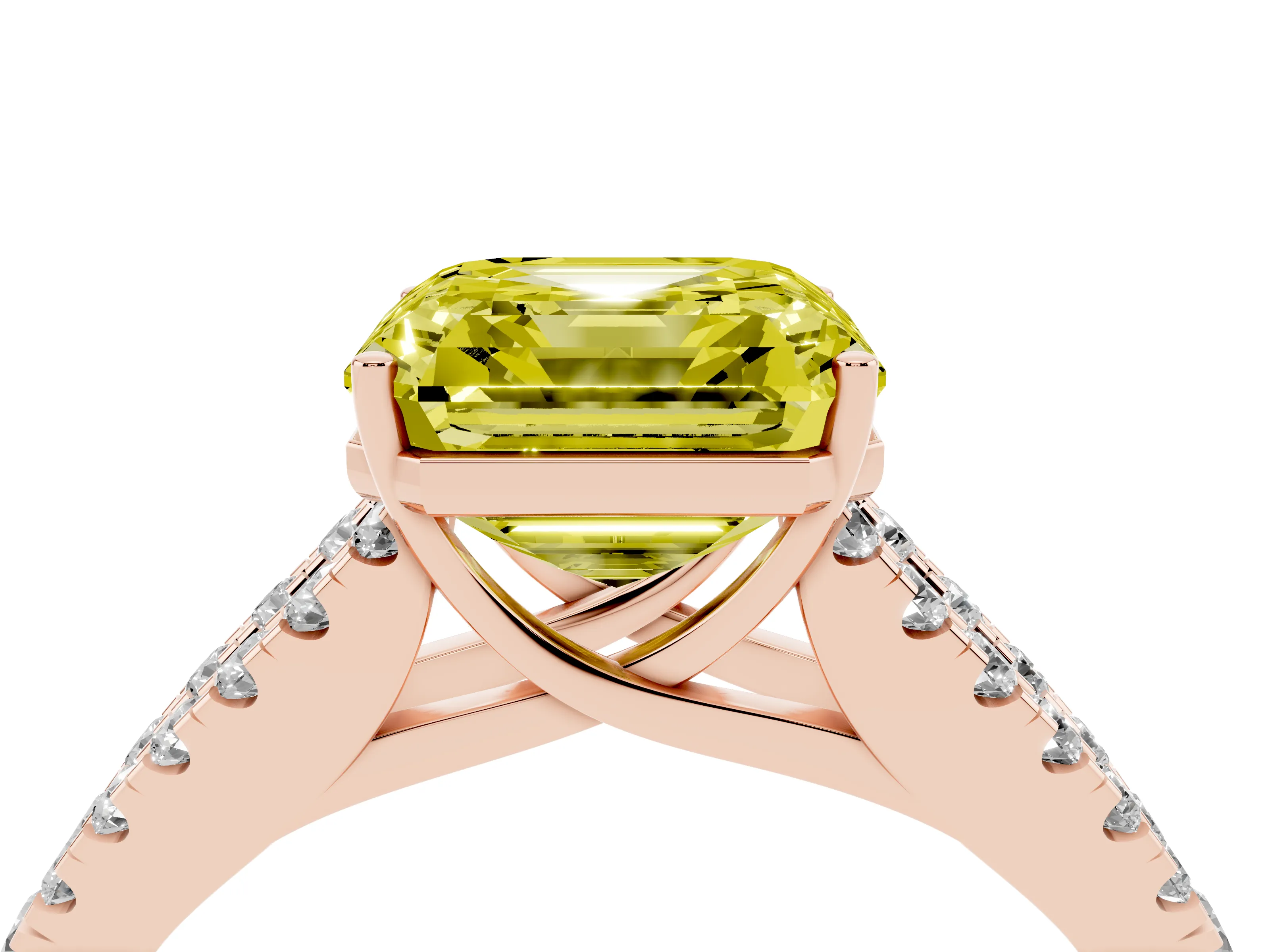 Fancy Yellow Asscher Cut Diamond Split Shank Pavé Engagement Ring Set in Rose gold with Prong-Held Center Stone