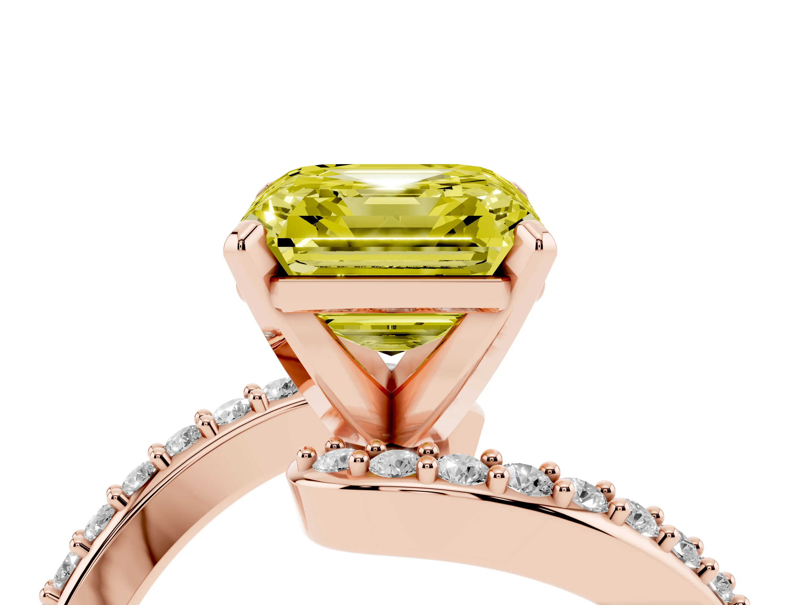 Fancy Yellow Asscher Cut Diamond Solitaire Ring Set in Rose gold with Pavé Twist Band and Prong Setting