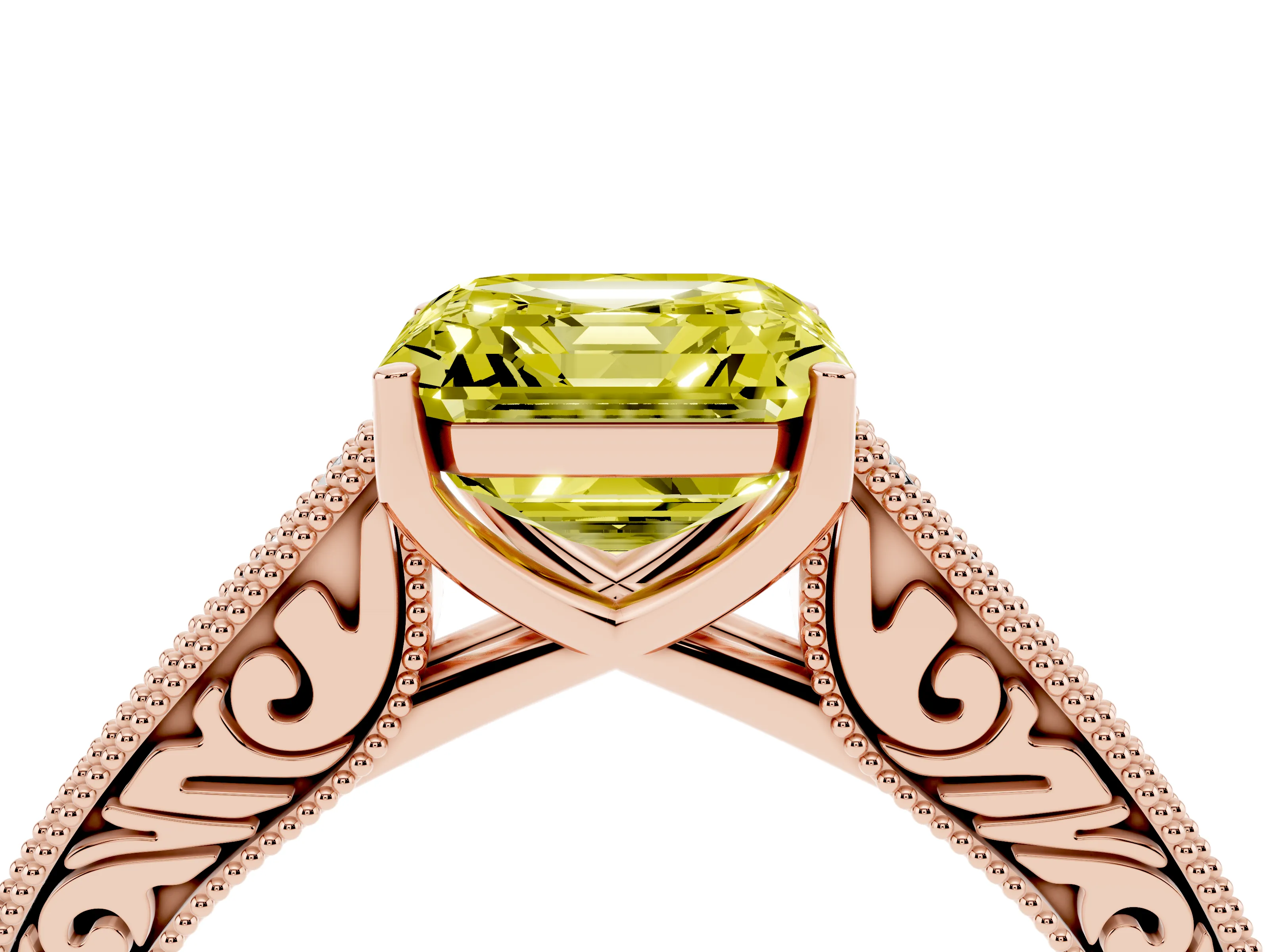 Fancy Yellow Asscher Cut Diamond Milgrain Pavé Band Solitaire Ring Set in Rose gold with Prong Setting