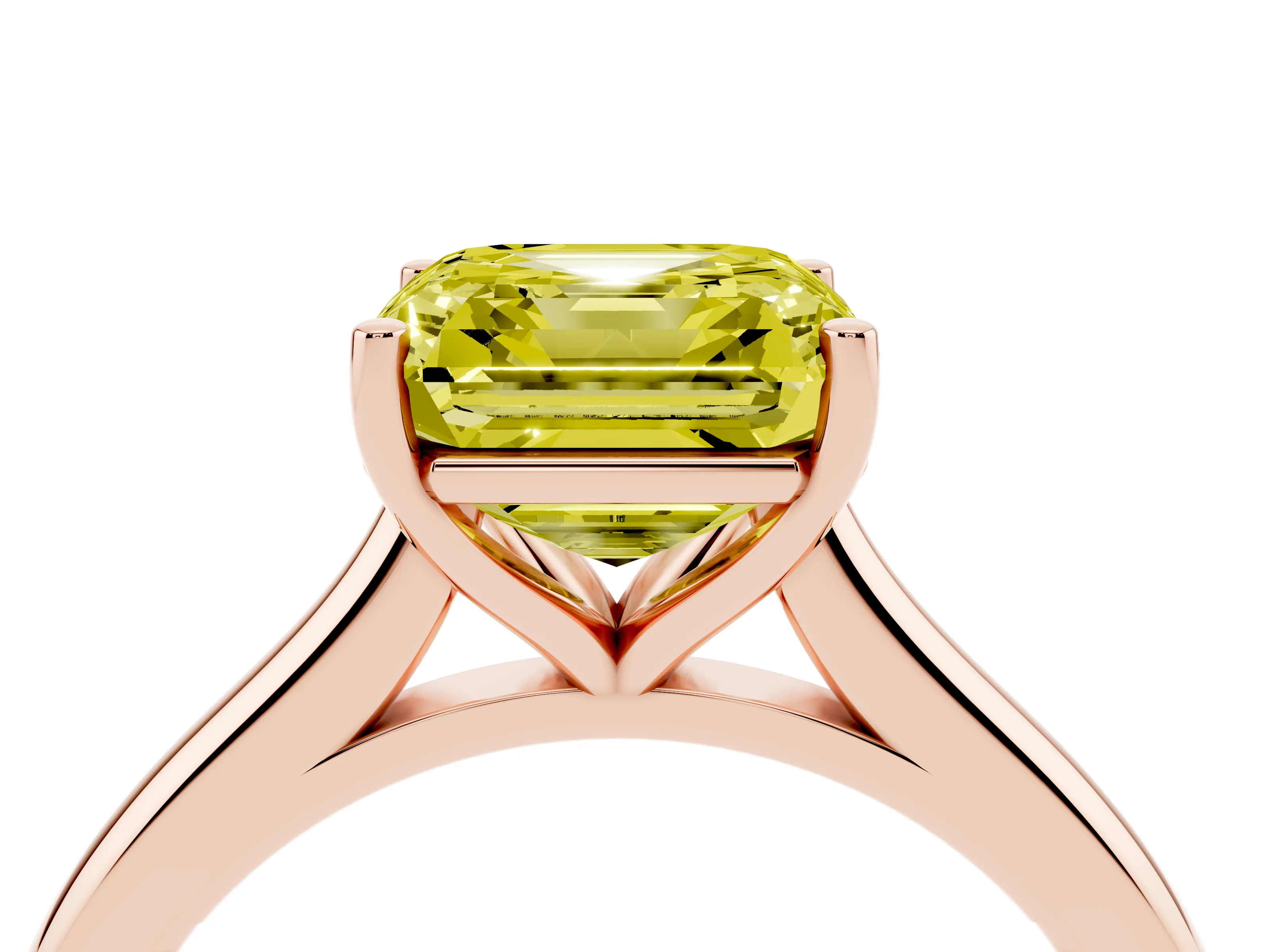 Fancy Yellow Asscher Cut Diamond Solitaire Ring Set in Rose gold with Cathedral Band and Prong Setting