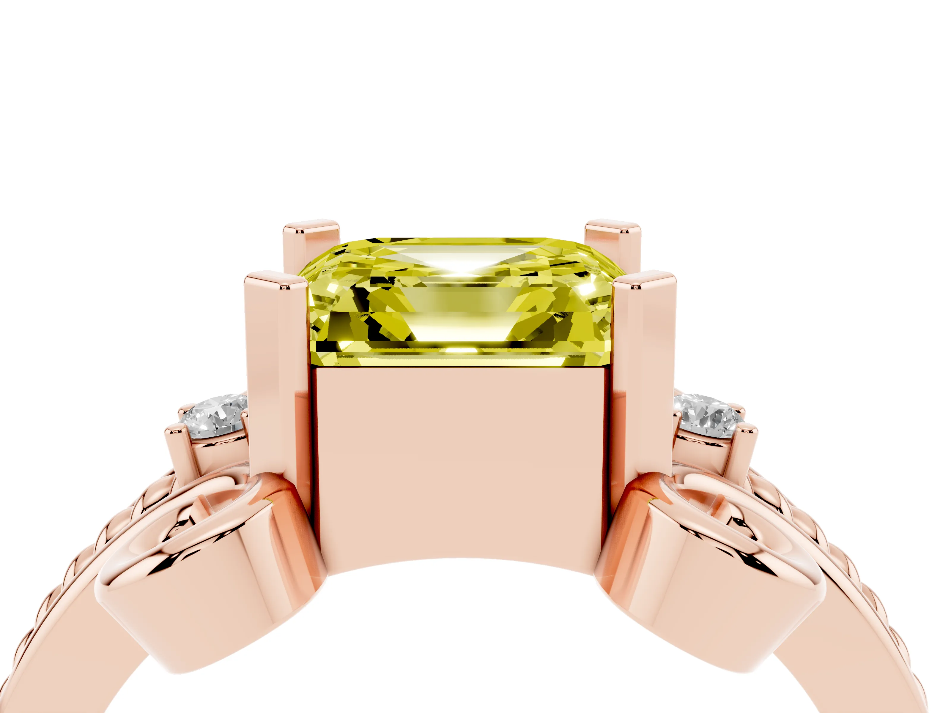 Fancy Yellow Asscher Cut Diamond Twisted Band Solitaire Ring Set in Rose gold with Scroll Prongs