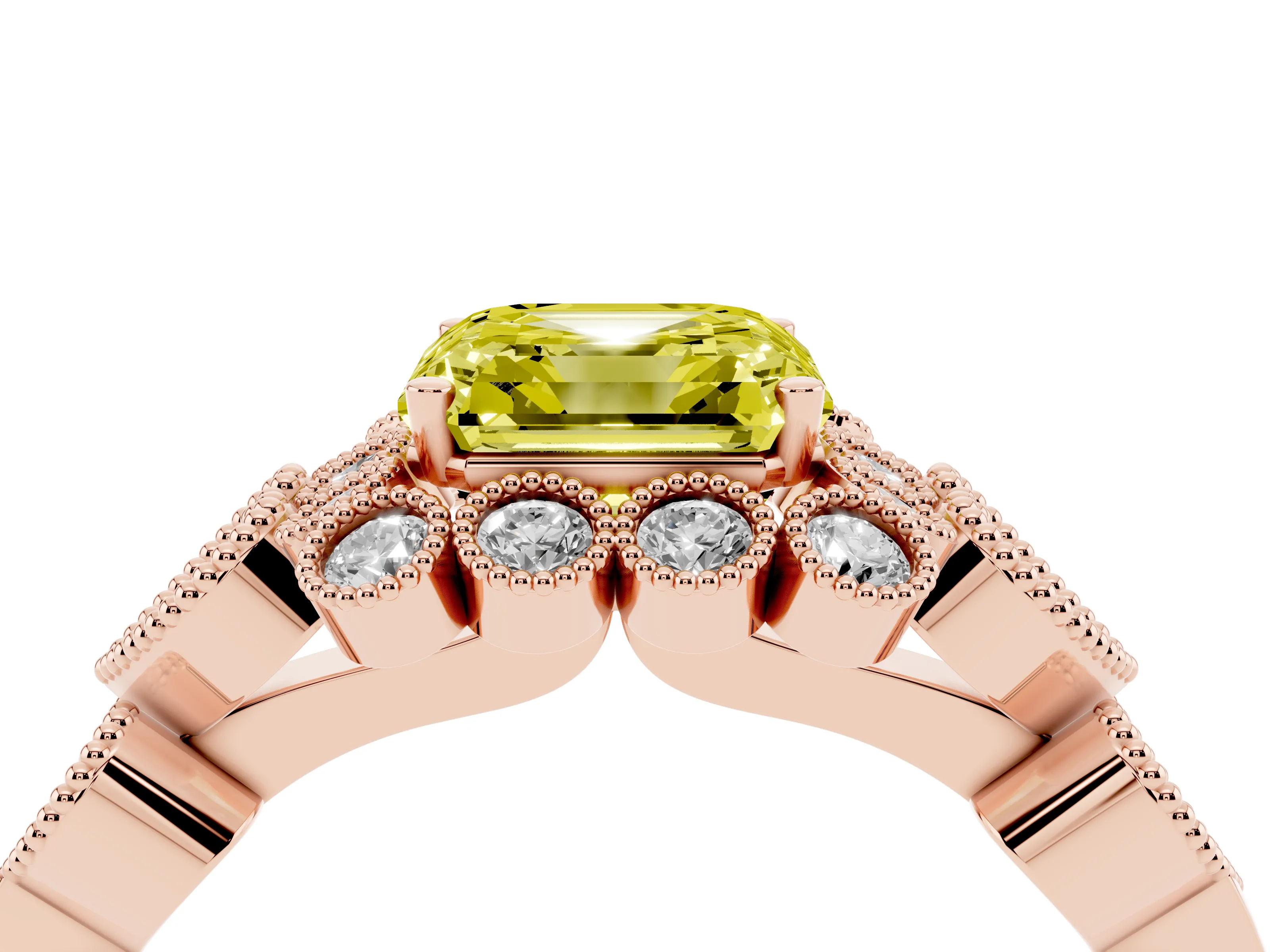 Fancy Yellow Asscher Cut Diamond Solitaire Ring Set in Rose gold with Milgrain Pavé Heart Band
