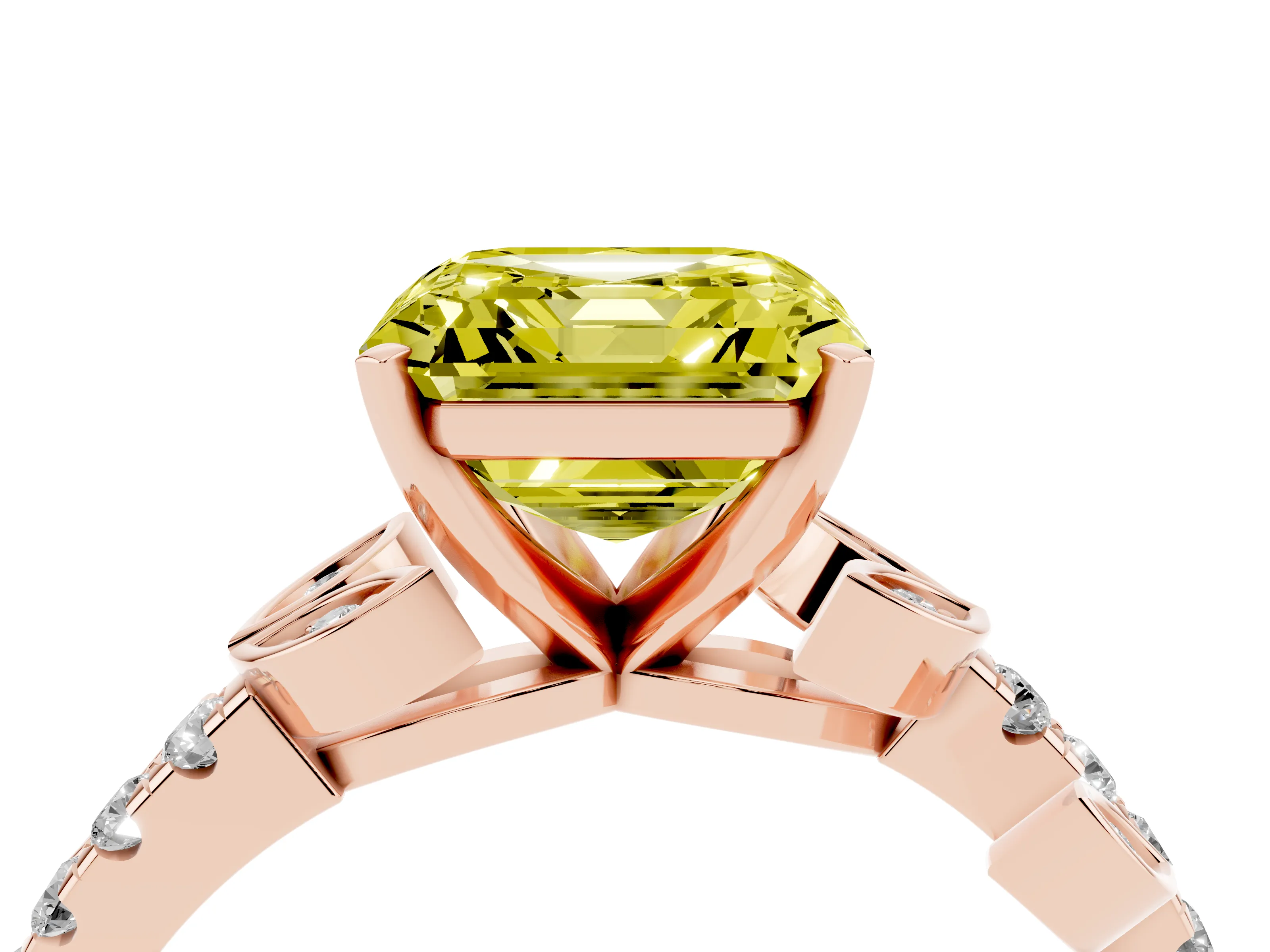 Fancy Yellow Asscher Cut Diamond Solitaire Leaf-Inspired Ring Set in Rose gold with Pavé Band and Prong Setting