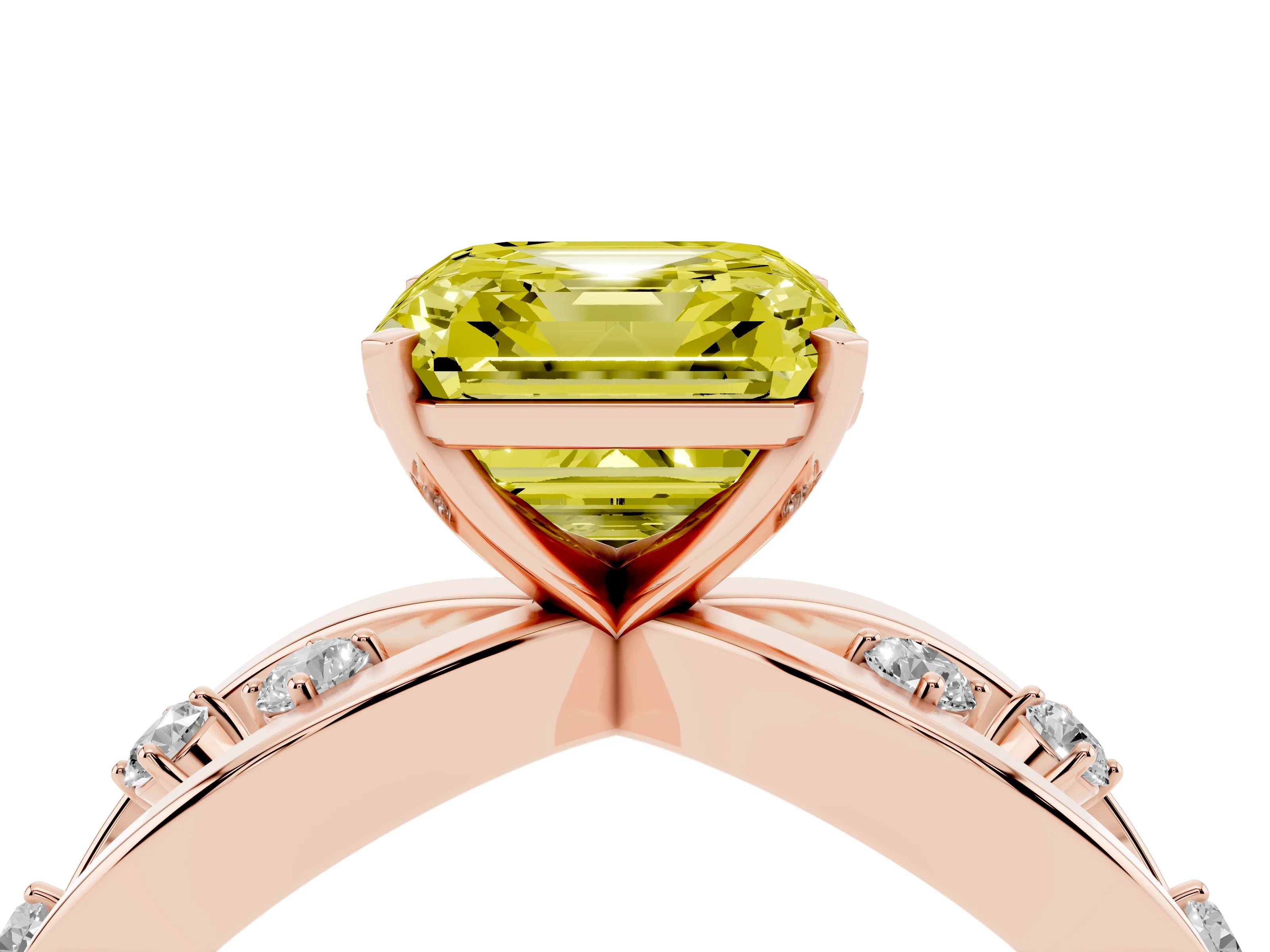 Fancy Yellow Asscher Cut Diamond Solitaire Ring Set in Rose gold with Side Stones on Criss-Cross Band and Prong Setting