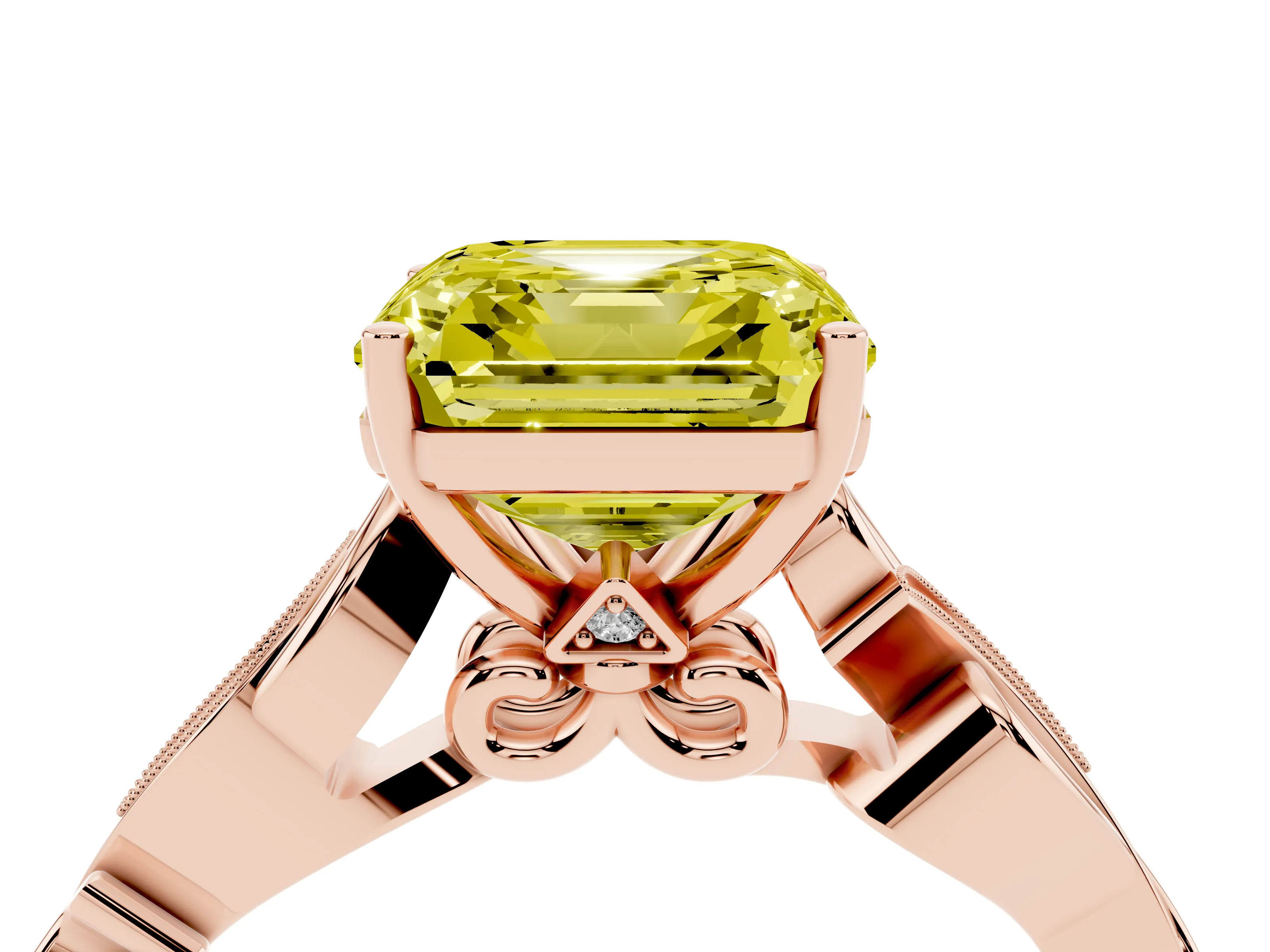 Fancy Yellow Asscher Cut Diamond Vine Band Solitaire Ring Set in Rose gold with Milgrain Prong Setting