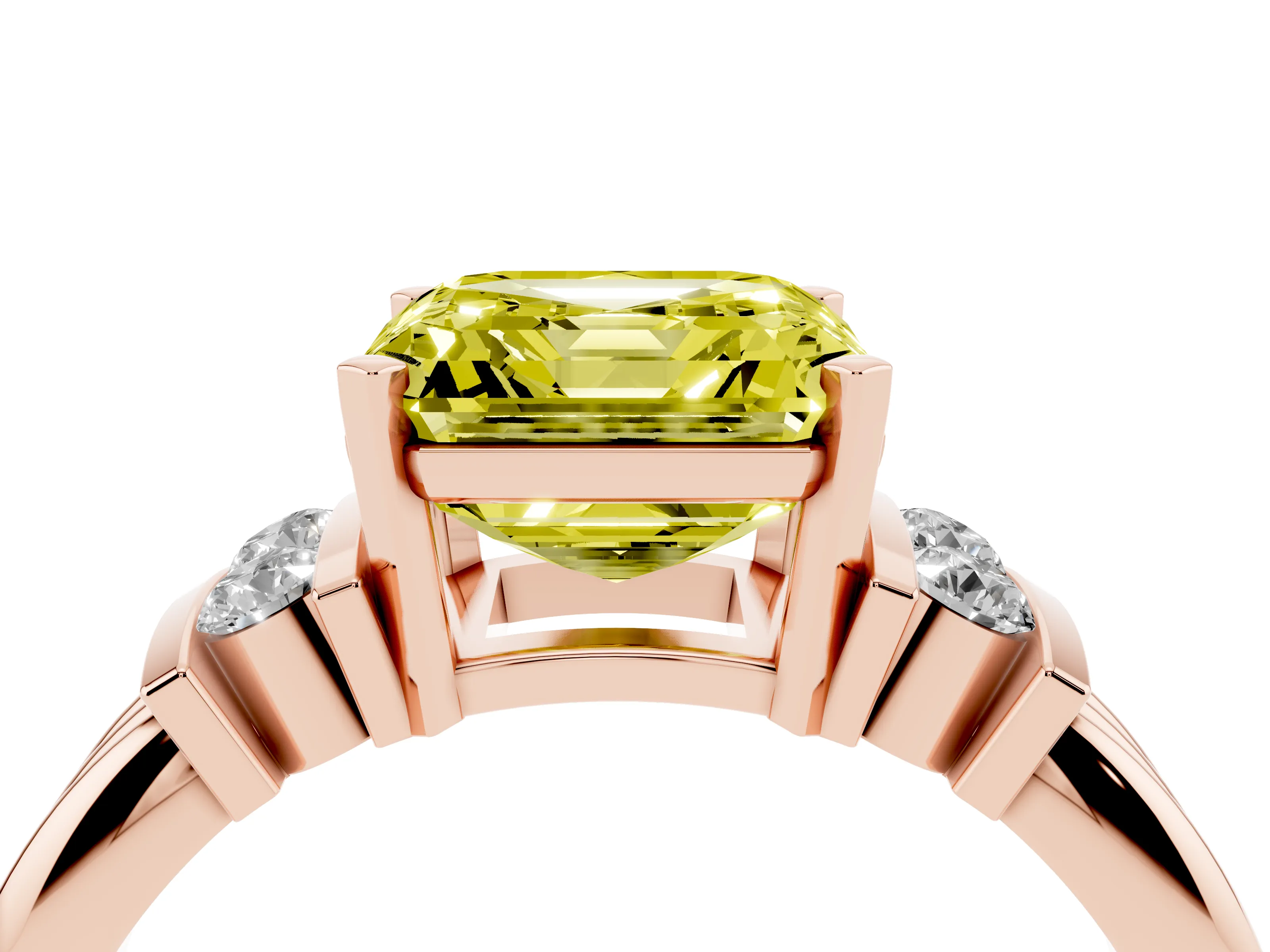 Fancy Yellow Three-Stone Asscher Cut Diamond Channel Set Ring Set in Rose gold with Bar Prongs