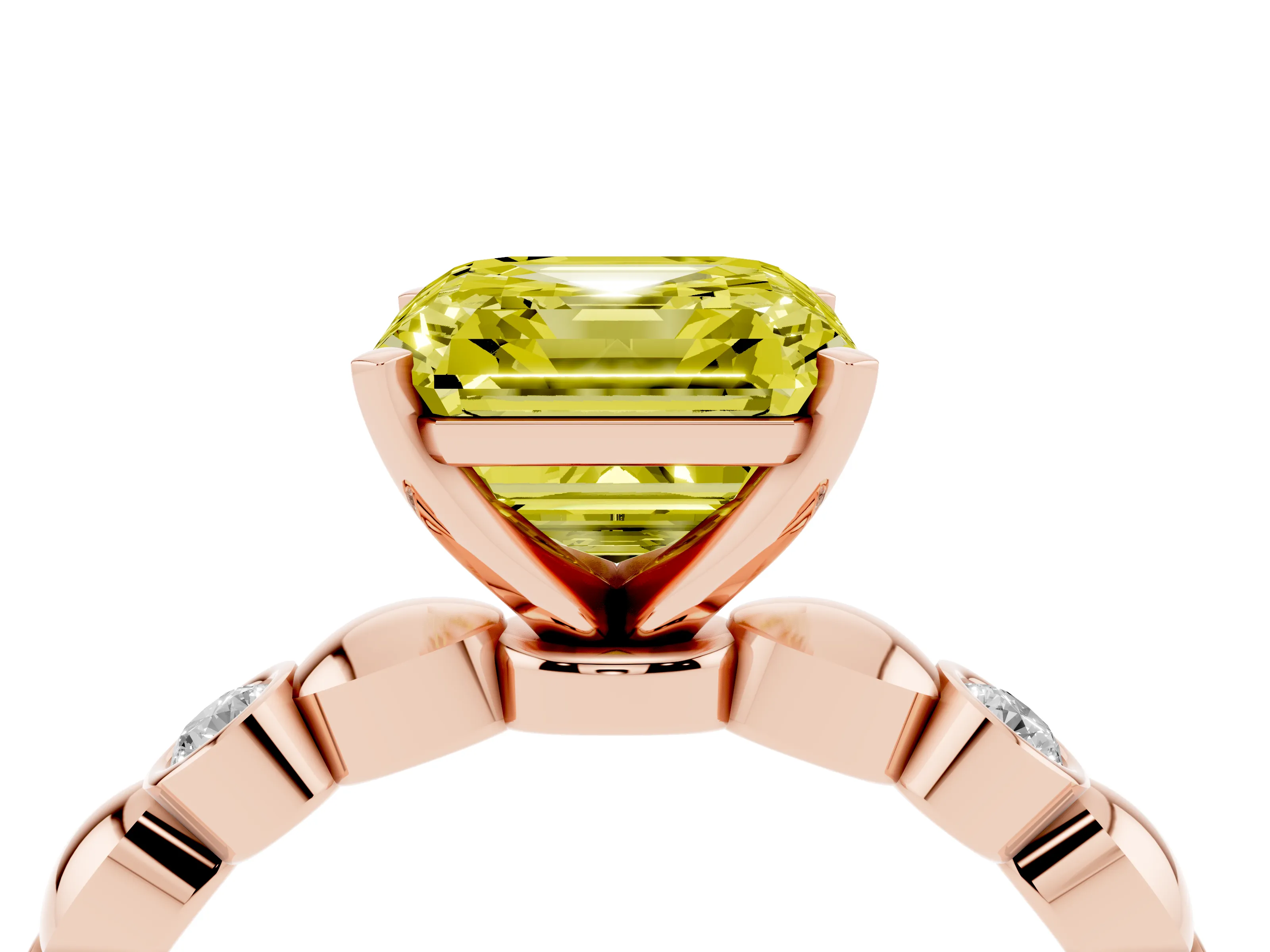 Fancy Yellow Asscher Cut Diamond Solitaire Ring Set in Rose gold with Bezel-Set Accents on Beaded Band and Prong Setting