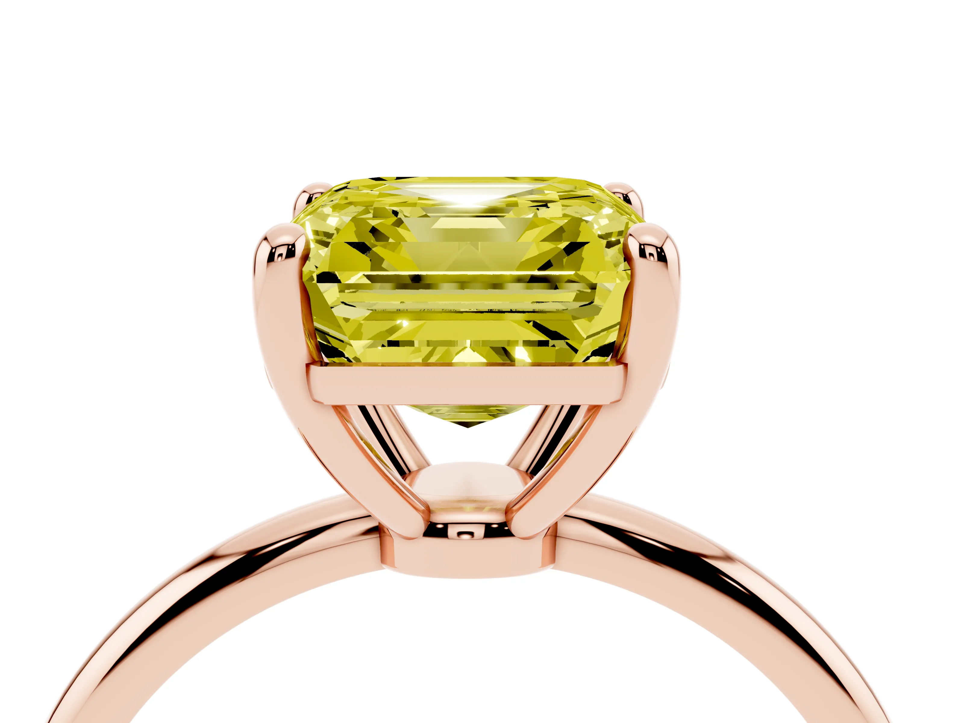 Fancy Yellow Asscher Cut Diamond Solitaire Ring Set in Rose gold with Secure Prong Setting on a Classic Band