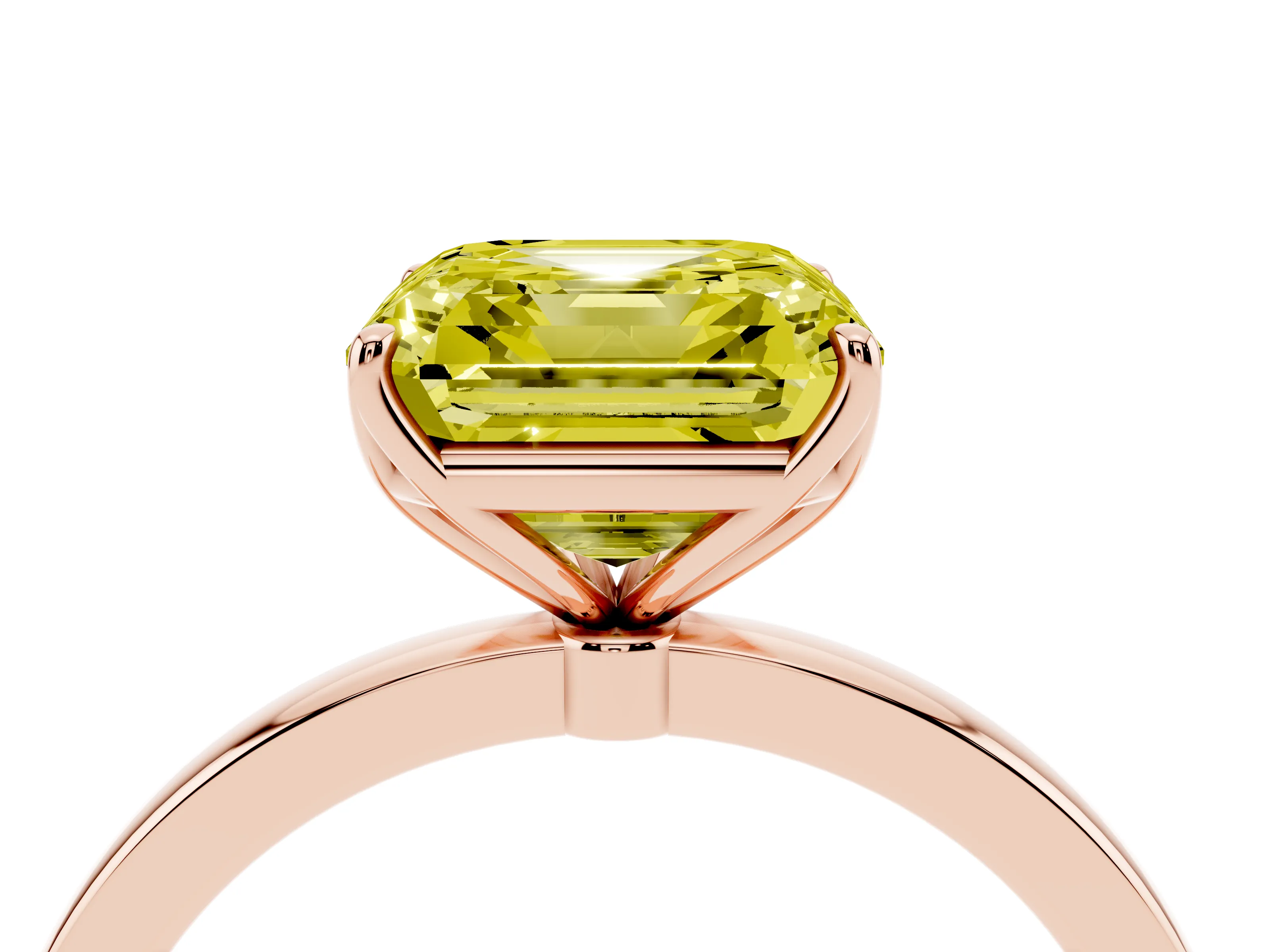 Fancy Yellow Asscher Cut Diamond Solitaire Ring Set in Rose gold with Prong Setting and Thin Polished Band