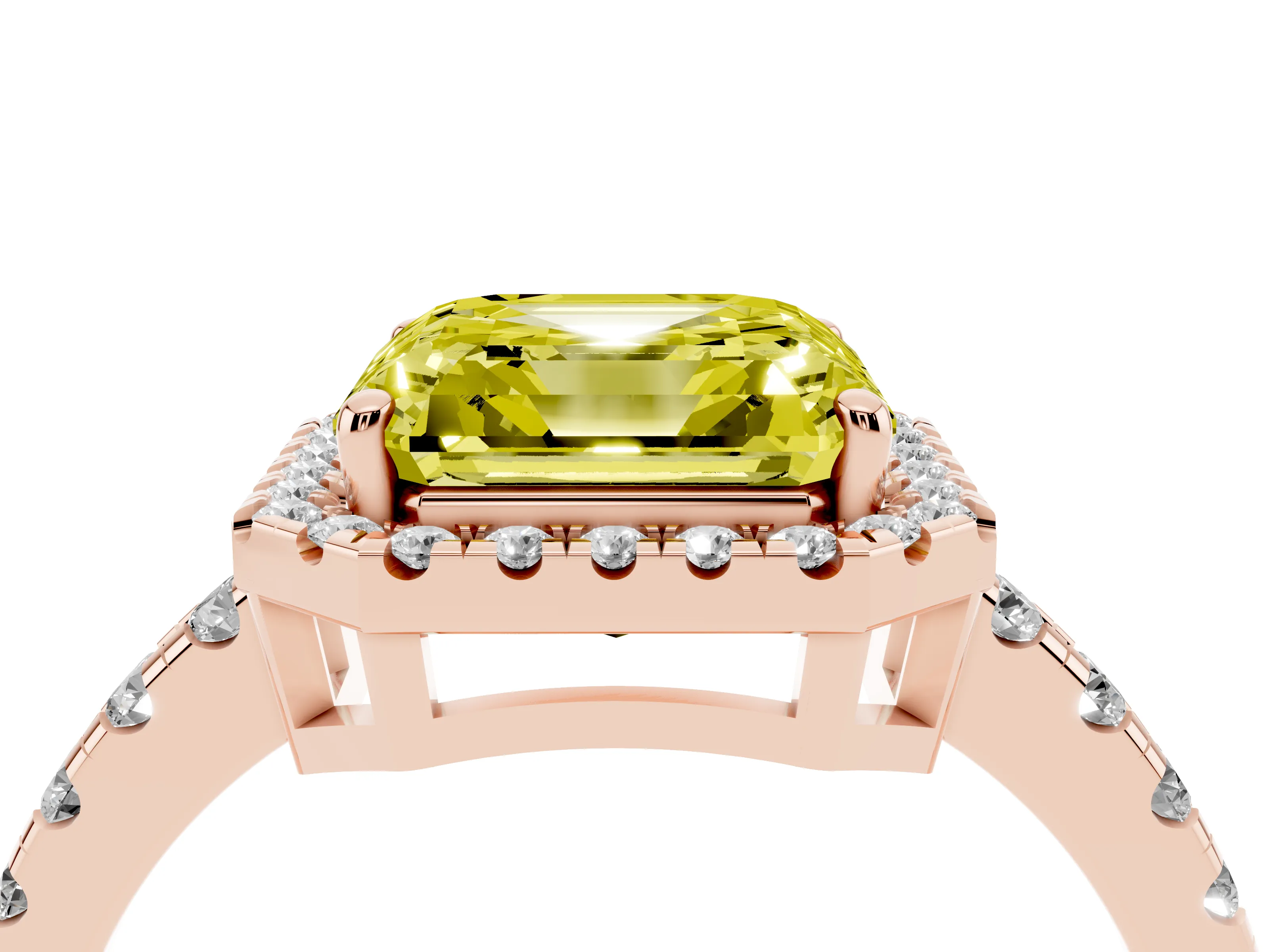 Fancy Yellow Asscher Cut Diamond Halo Ring Set in Rose gold with Delicate Pavé Band and Prong Setting