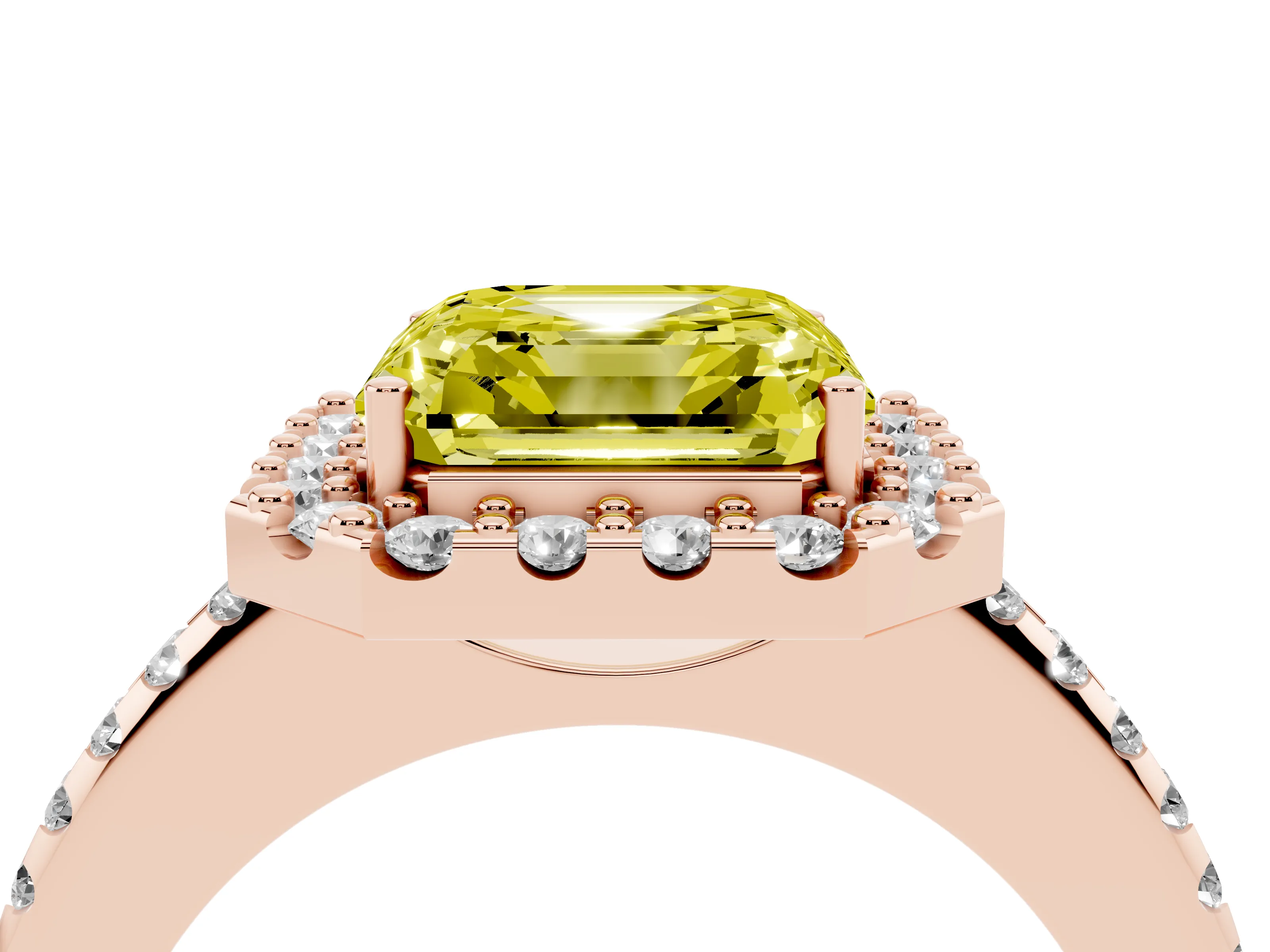 Fancy Yellow Asscher Cut Diamond Pavé Halo Ring Set in Rose gold with Prong Setting