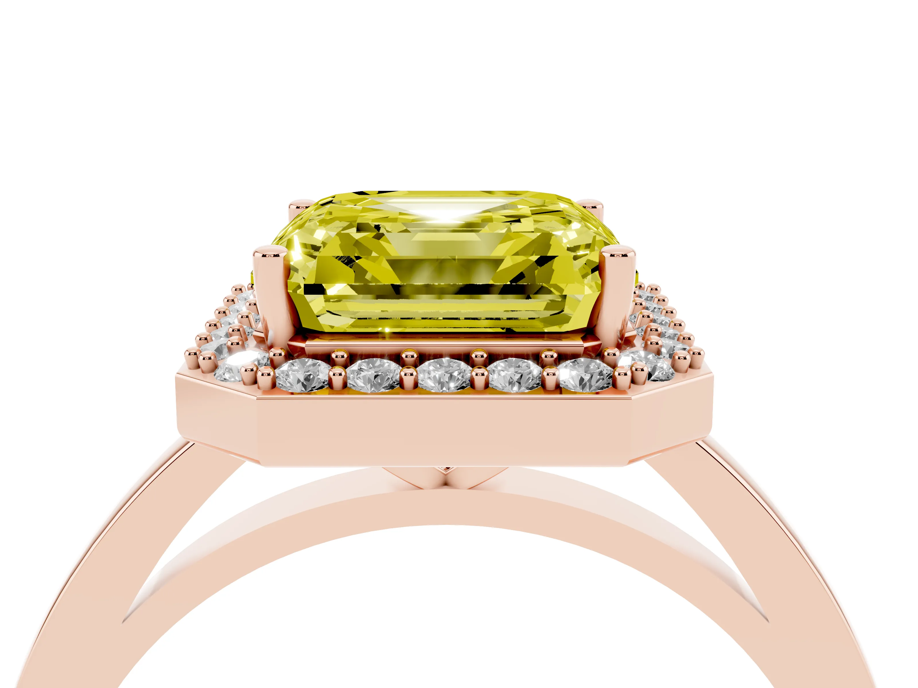 Fancy Yellow Asscher Cut Diamond Halo Ring Set in Rose gold with Solitaire Band and Prong Setting