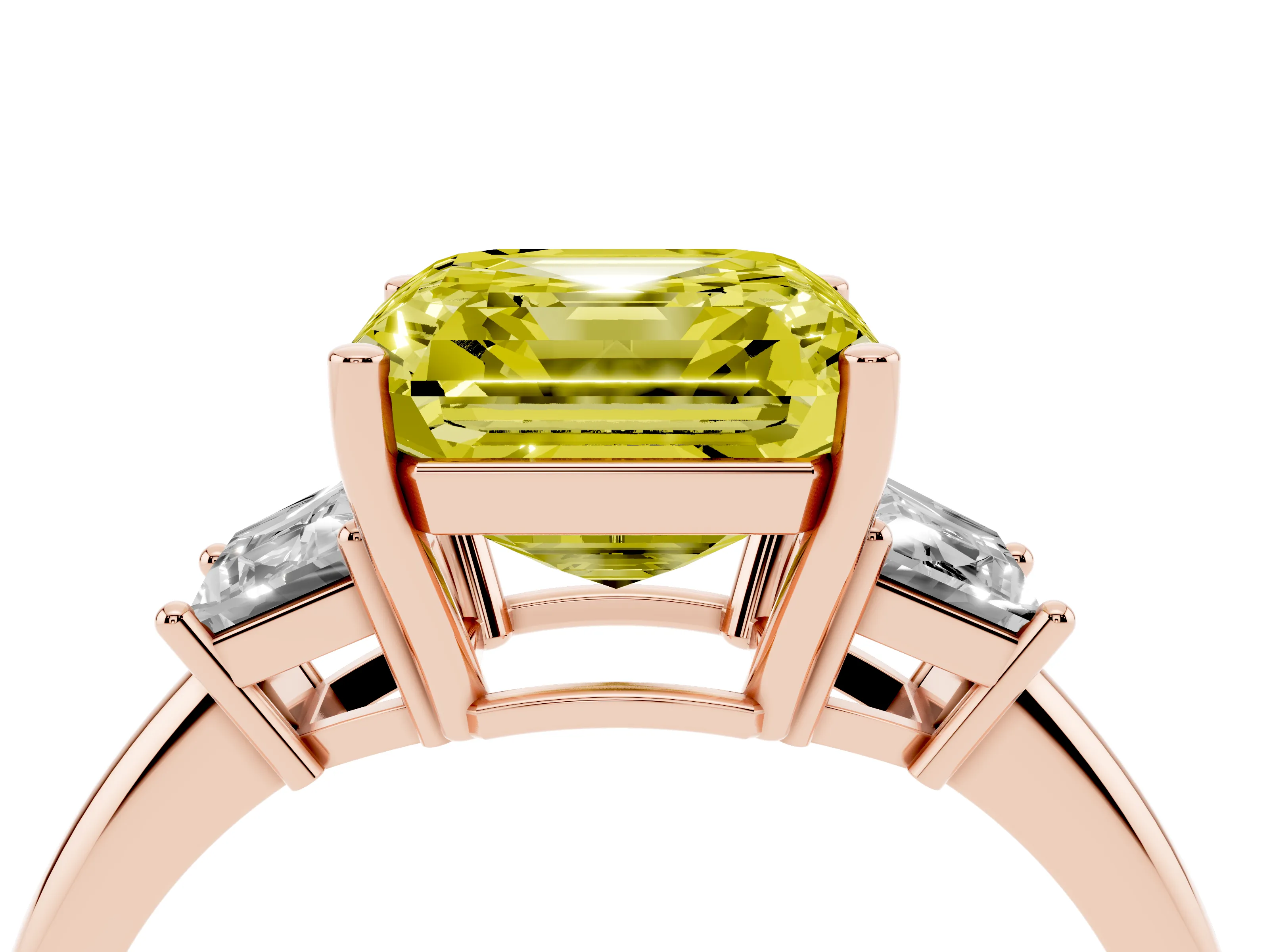 Fancy Yellow Asscher Cut Diamond Three-Stone Ring Set in Rose gold with Trapezoid Side Stones and Prong Setting