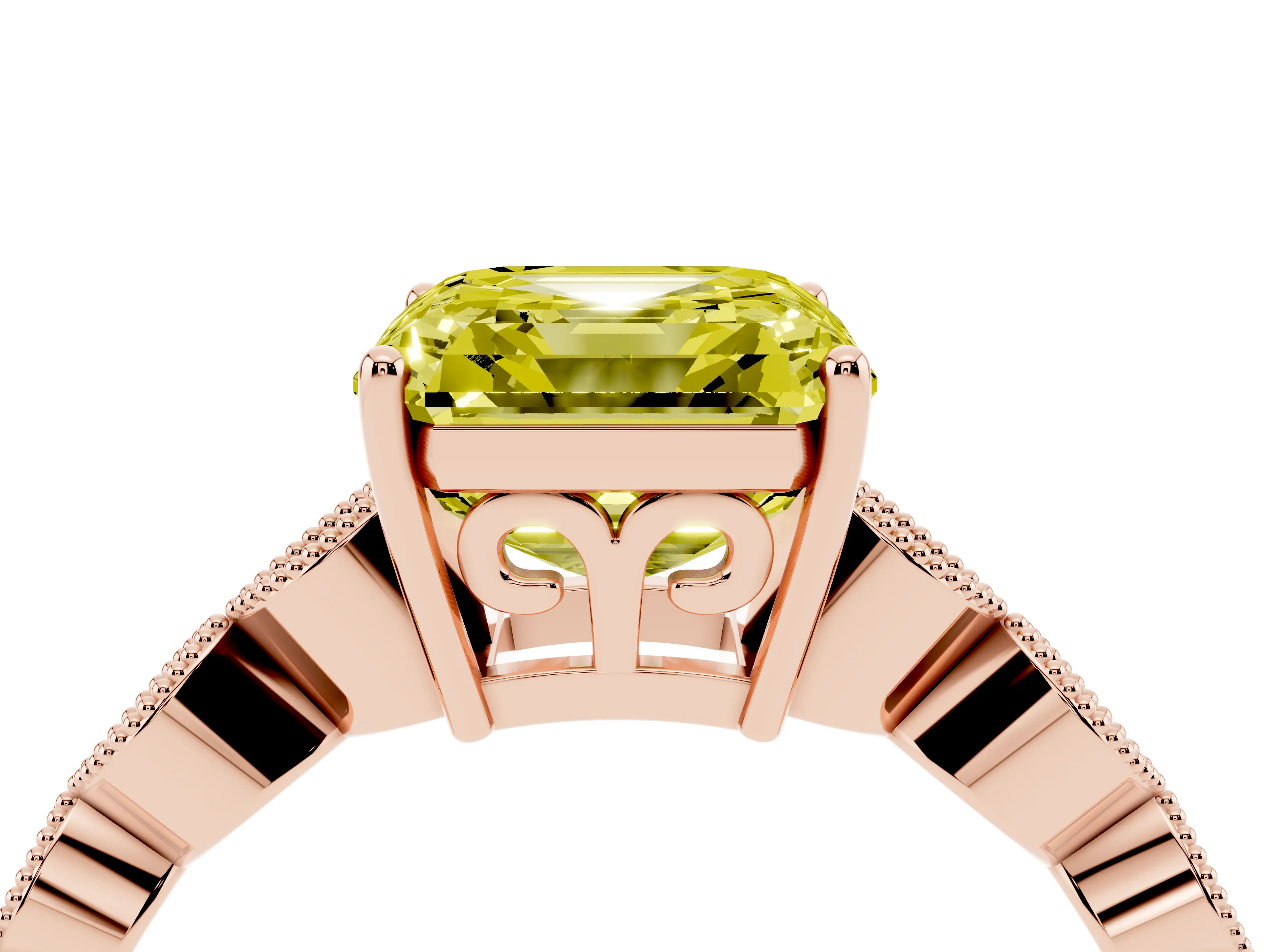 Fancy Yellow Asscher Cut Diamond Solitaire Ring Set in Rose gold with Infinity Twist Pavé Band