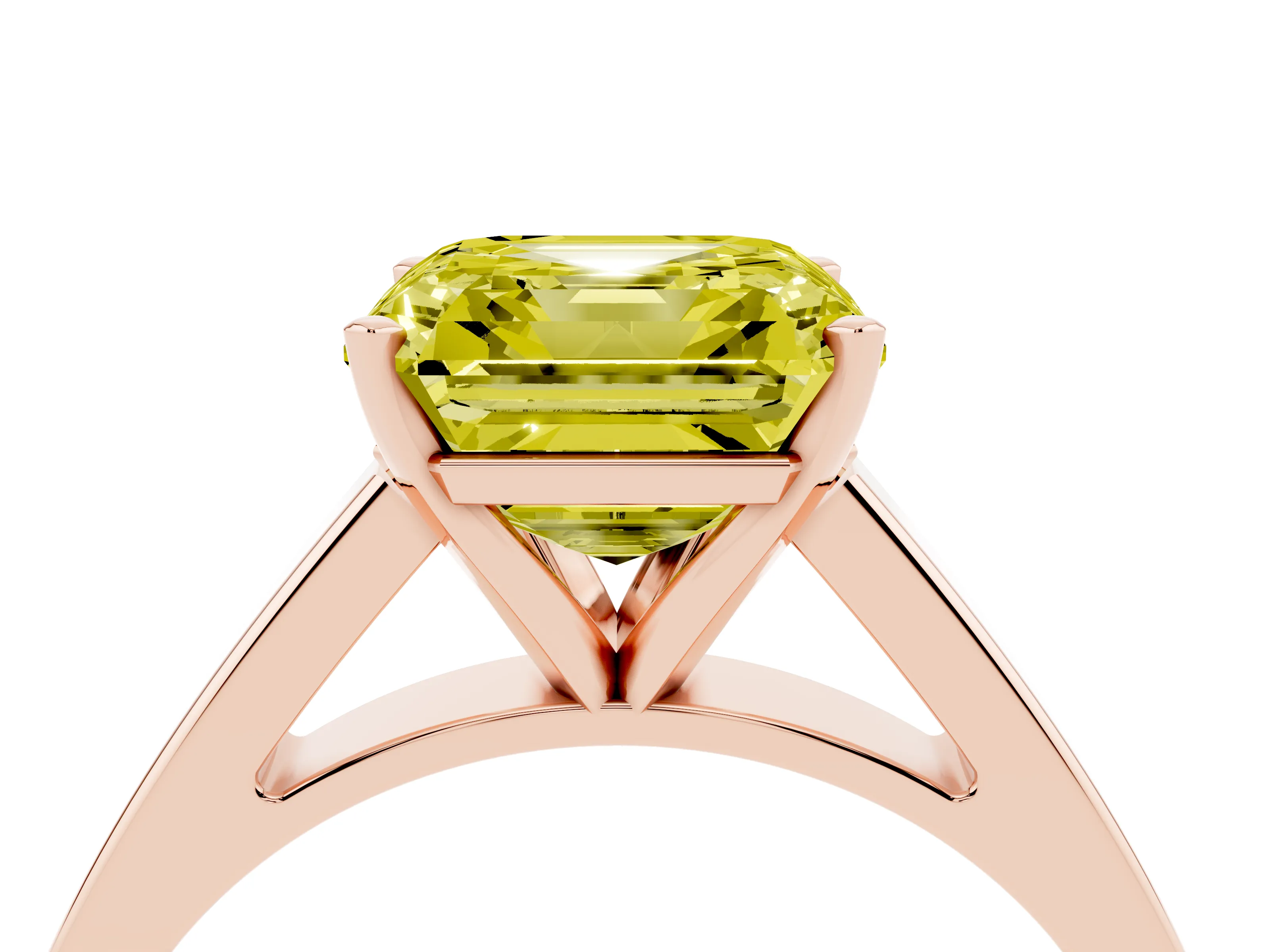 Fancy Yellow Asscher Cut Diamond Solitaire Engagement Ring Set in Rose gold with Prong Setting and Tapered Band
