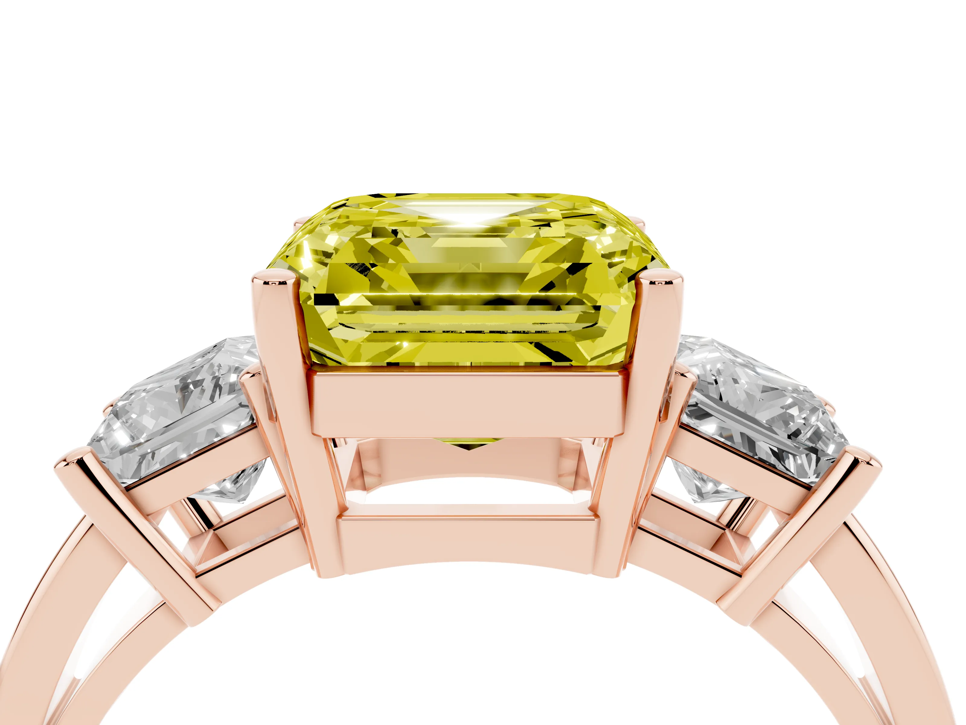 Fancy Yellow Three-Stone Asscher Cut Diamond Solitaire Ring Set in Rose gold with Prong Setting