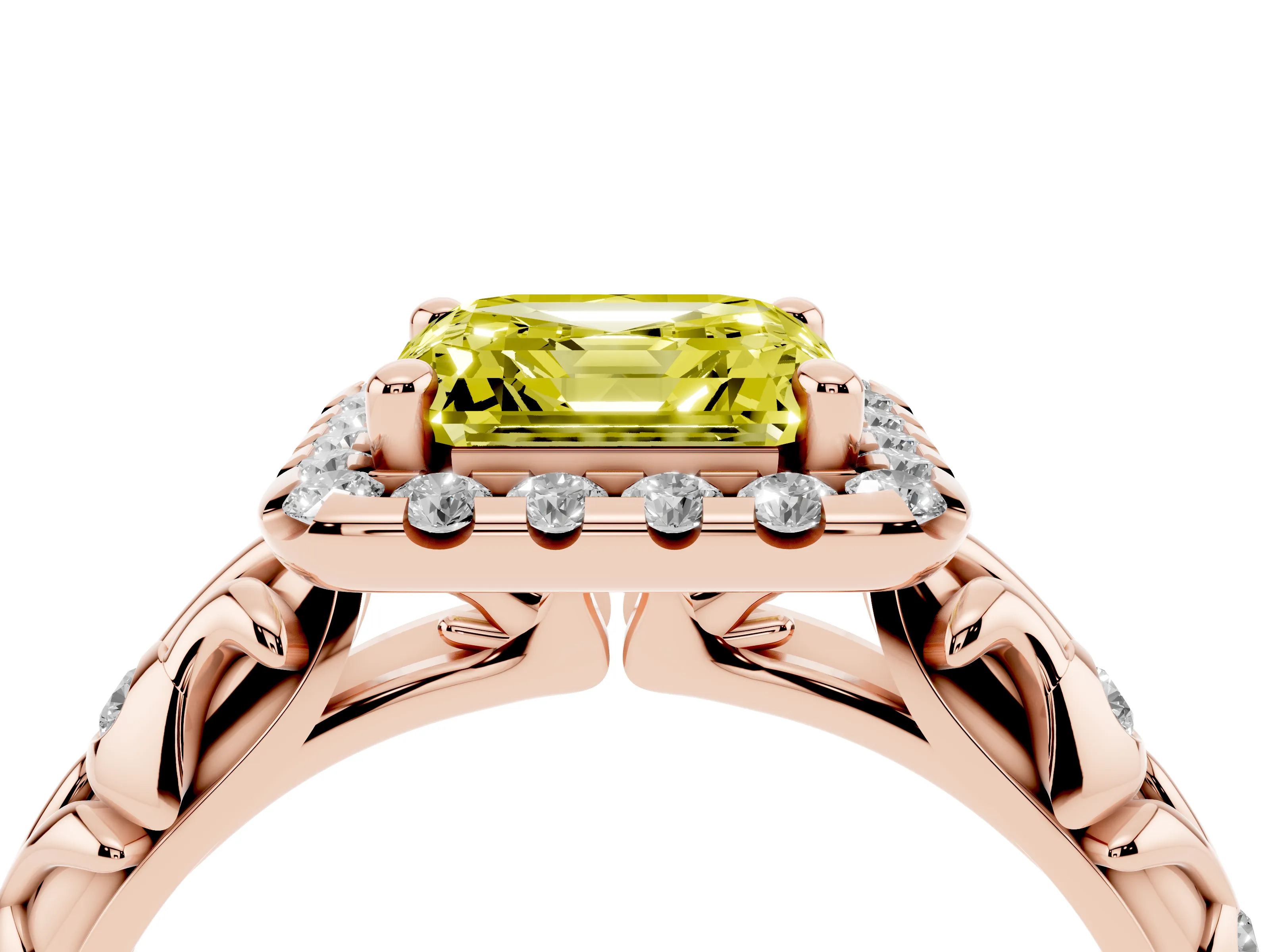Fancy Yellow Asscher Cut Diamond Halo Ring Set in Rose gold with Filigree Leaf Band and Prong Setting