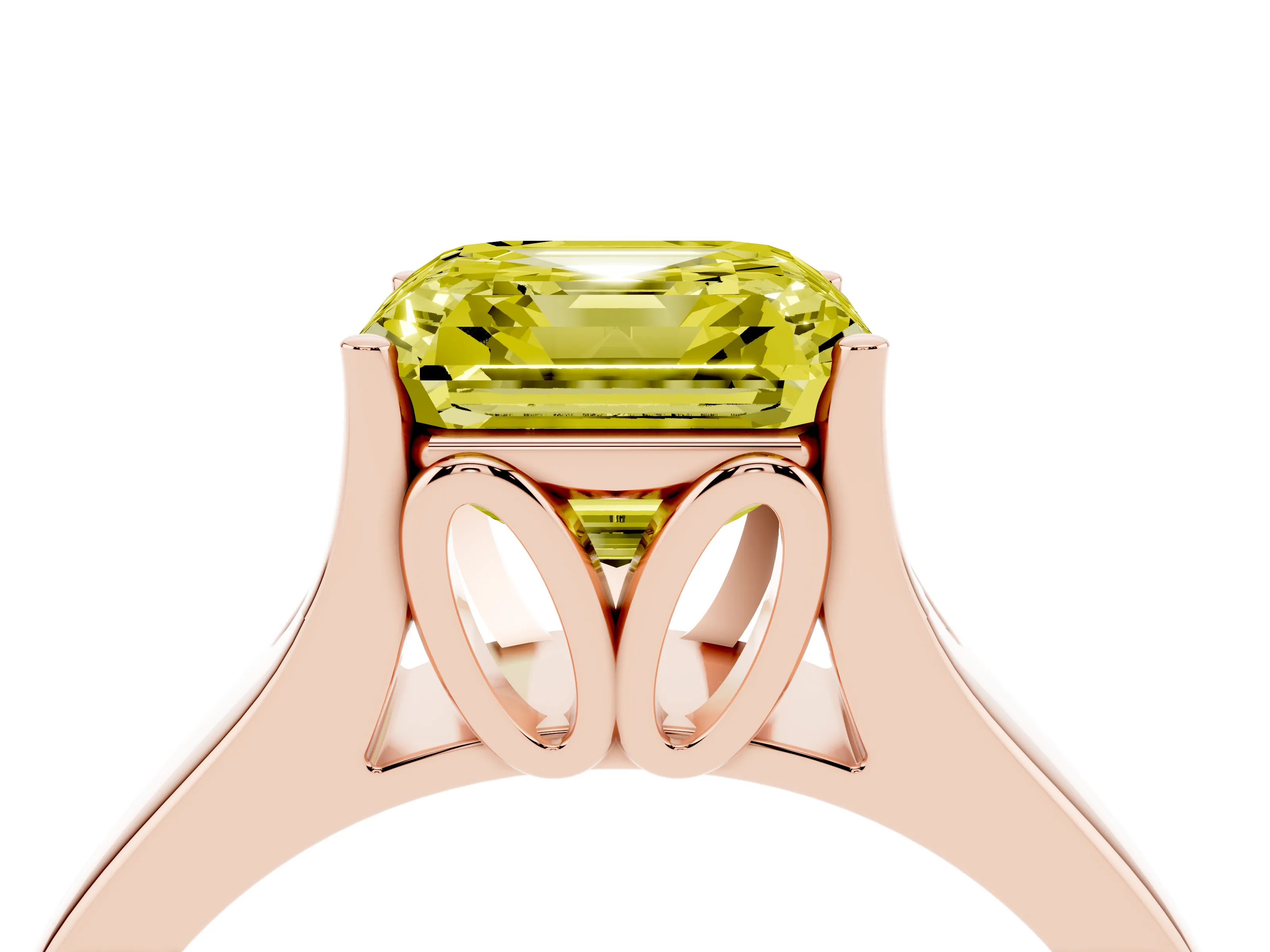 Fancy Yellow Asscher Cut Diamond Solitaire Ring Set in Rose gold with Arched Cathedral Band and Prong Setting