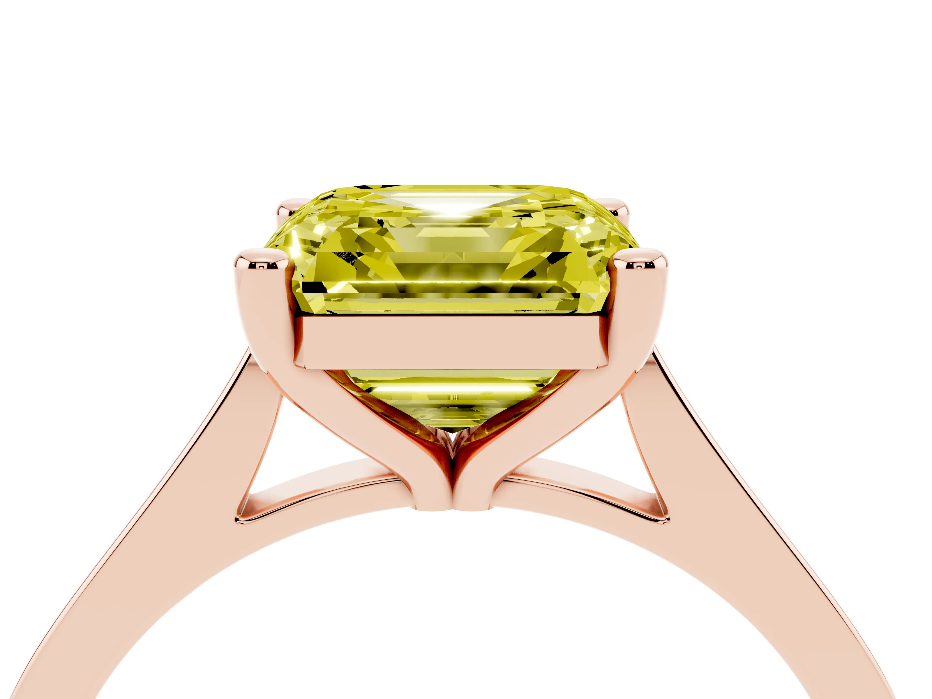 Fancy Yellow Asscher Cut Diamond Solitaire Ring Set in Rose gold with Prong Setting and Tapered Band