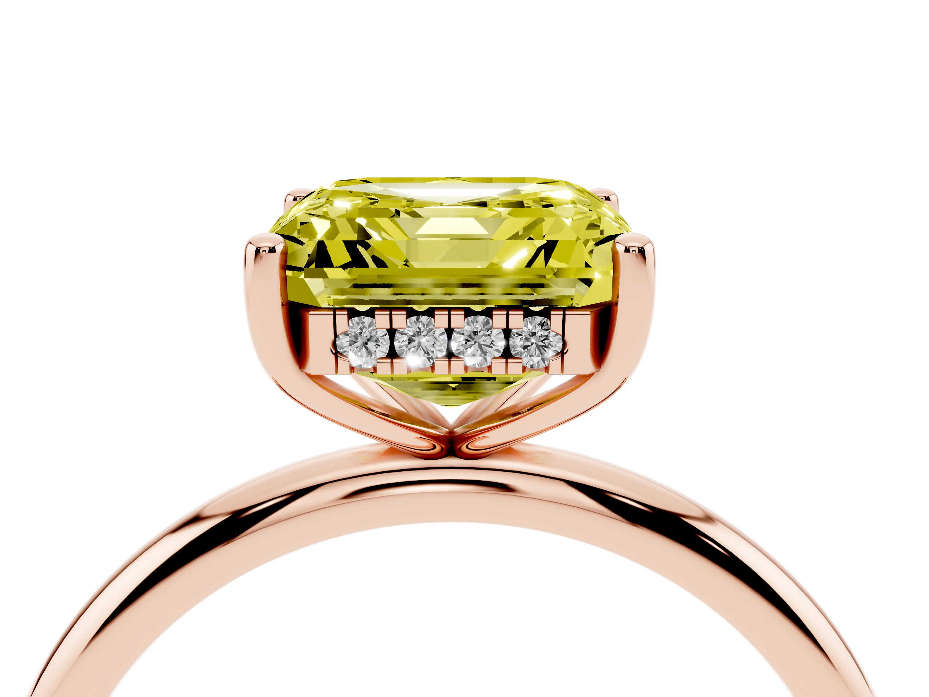 Fancy Yellow Asscher Cut Diamond Solitaire Engagement Ring Set in Rose gold with Prong Setting and Polished Band