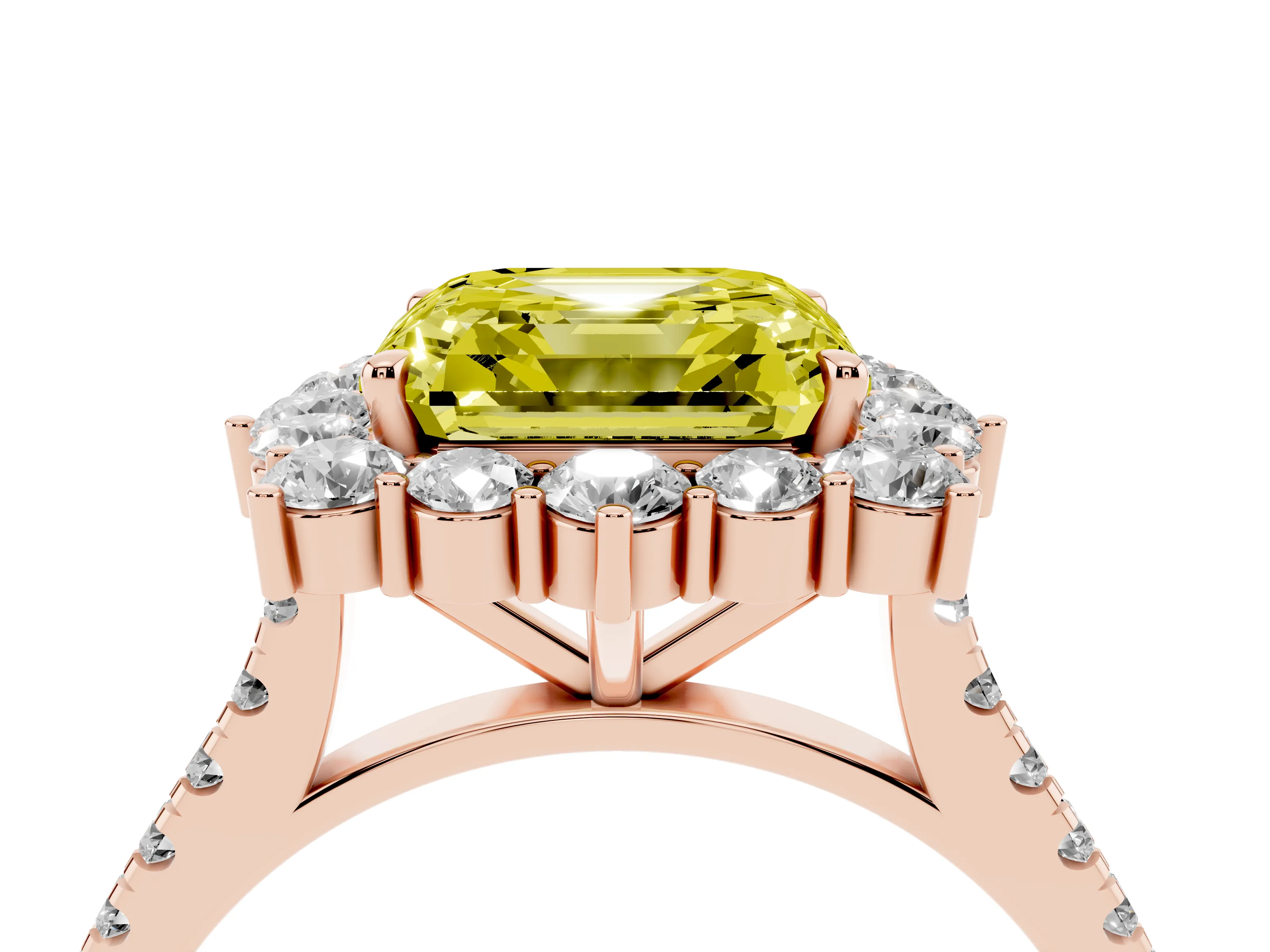 Fancy Yellow Asscher Cut Diamond Halo Ring Set in Rose gold with Pavé Band and Prong Setting